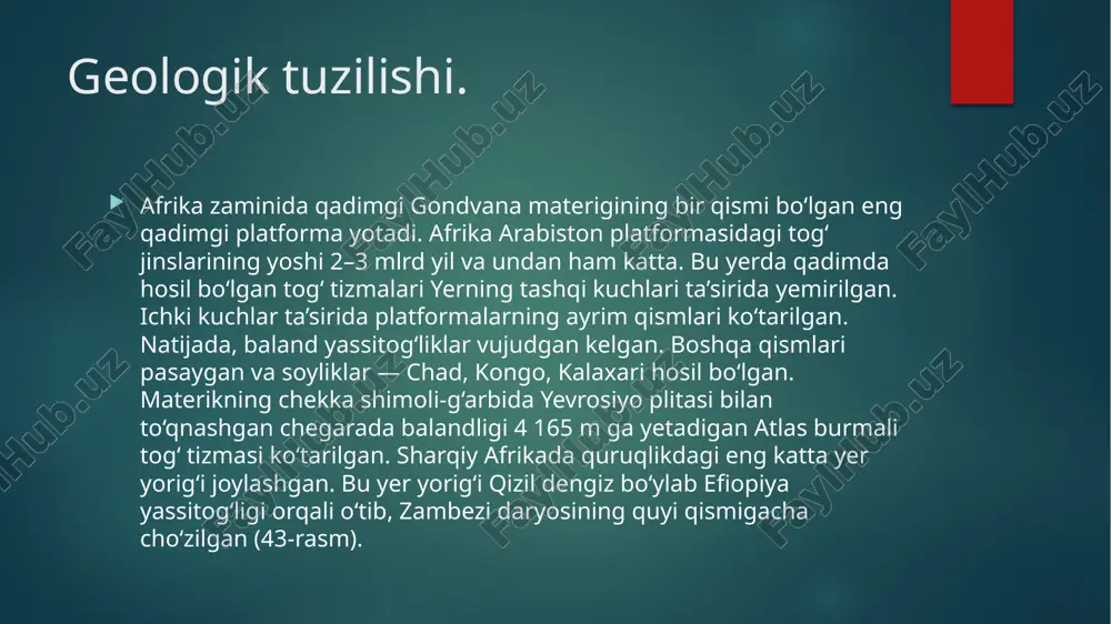 kongo botig‘i, plato va tog‘lik (darfur, axaggar, tibesti va boshqa)lar asosiy relyef shakllaridir. sahroi kabirdan shimoli g‘arbda atlas tog‘lari joylashgan. uning eng baland joyi tubkal cho‘qqisidir (4 165 m). “baland” afrika sharqiy va janubiy afrikani egallagan. “baland” afrikada efiopiya tog‘ligi, sharqiy afrika yassitog‘ligi va janubiy afrika yassitog‘lari joylashgan. bu yerda ham tog‘ oralig‘ida (viktoriya, kalaxari) va sharqiy afrika yer yorig‘i o‘tgan zonada chuqur cho‘kmalar bor. sharqiy afrika yassitog‘ligida kilimanjaro (5 895 m), keniya (5 199 m), margerita (5 109 m) va boshqa tog‘ cho‘qqilari mavjud (46-rasm). sharqiy afrika yassitog‘ligidan shimol tomonda efiopiya tog‘ligi joylashgan. plato, tog‘lik va yassitog‘likdan boshlanadigan yoki oqib o‘tadigan daryo vodiylarida relyefning dara, kanyon, sharshara (viktoriya, livingston, stenli), ostonalar ko‘p hosil bo‘lgan. afrikaning eng baland (kilimanjaro vulqoni, 5 895 m) va eng past nuqtalari (afar botig‘idagi assal ko‘li, –153 m) ham “baland” afrikada joylashgan. “past” afrikaning eng past joyi kattara botig‘idir (–133 m) (47-rasm). “past” va “baland” …