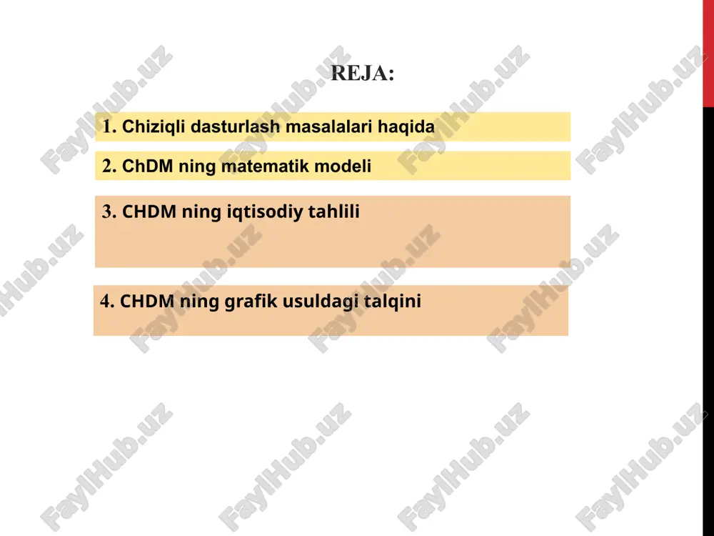 zi chiziqli dasturlash masalalari 1. ishlab chiqarishni tashkil qilish va rejalashtirish masalasi faraz qilaylik, korxonada m xil mahsulot ishlab chiqarilsin: ulardan ixtiyoriy birini i(i=1,..., m) bilan belgilaymiz. bu mahsulotlarni ishlab chiqarish uchun n xil ishlab chiqarish faktorlari zarur bo’lsin. ulardan ixtiyoriy birini j (j=1,..., n) bilan belgilaymiz. har bir ishlab chiqarish faktorining zahirasi va ularning bir birlik mahsulotni ishlab chiqarish uchun sarf qilinadigan me’yori quyidagi jadvalda berilgan: jadvaldagi har bir bj - j - ishlab chiqarish faktorining zahirasini; aij - i - mahsulotning bir birligini ishlab chiqarish uchun sarf qilinadigan j - faktorning me’yori; ci - korxonaning i - mahsulot birligini realizatsiya qilishdan oladigan daromadini bildiradi. masalaning iqtisodiy ma’nosi: korxonaning ishlab chiqarish rejasini shunday tuzish kerakki: a) hamma mahsulotlarni ishlab chiqarish uchun sarf qilinadigan har bir ishlab chiqarish faktorining miqdori ularning zahirasidan oshmasin; b) mahsulotlarni realizatsiya qilishidan korxonananing oladigan daromadi maksimal bo’lsin. rejalashtirilgan davr ichida ishlab chiqariladigan i- mahsulotining miqdorini …