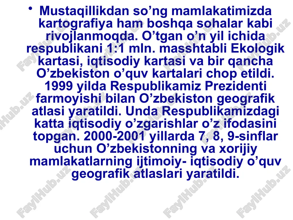 oiy-iqtisodiy kartalarda voqea-hodisalar kartogramma hamda kartodiagramma bilan tasvirlansa mazmuni boyiydi. umuman mavzuli kartalarda bir va bir qancha usullar ishlatilishi mumkin. lekin bunda ranglar yaxshi tanlanishi kerak. ijtimoiy-iqtisodiy kartalar ham o’z navbatida aholi, iqtisodiyot, madaniyat, siyosiy-ma’muriy maishiy xizmat ko’rsatish kartalari va boshqa turlarga bo’linadi. 9-sinf uchun mo’ljallangan dunyoning ijtimoiy va iqitisodiy geografik atlasi (toshkent, 2000), jahon iqtisodiy geogrfiyasini o’rganishda asosiy qo’llanma bo’lib xizmat qilishi mumkin. o’zbekistonning ijtimoiy va iqtisodiy geografiyasi uchun zarur bo’lgan devoriy kartalar tuzilmoqda. ba’zilari chop etilmoqda. xorijiy mamlakatlar iqtisodiy geografiyasi uchun iqtisodiy-geografik kartalar, sistemasi zarur, hamma o’quv iqitsodiy kartalar absolyut ko’rsatkichda berilgan bo’lishi kerak. ijtimoiy-iqtisodiy geografiya sohalari bo’yicha chop etil­gan atlaslardan “ittifoqning qishloq xo’jalik atlasi”, “ittifoq avtomobil yo’llari atlasi”, “ittifoq xalq xo’jaligi va madaniyati atlasi” laridir image1.jpeg image2.jpeg image3.jpeg image4.png image5.wmf oleobject1.bin image6.jpeg image7.jpeg image8.jpeg image9.jpeg image10.jpeg image11.jpeg image12.jpeg image13.jpeg /docprops/thumbnail.jpeg