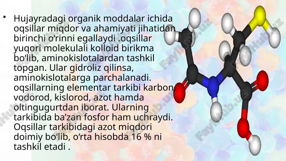 oqsillar hujayra va organizmlar bilan bog‘liq barcha harakat turlarida ishtirok etadi. oqsillarning tashish (transport) vazifasi ularga xos bo‘lgan yana bir muhim xususiyatdir. masalan, gemoglobin oqsili kislorodni tana organlari va to‘qimalariga tashish vazifasini bajaradi. oqsillar tirik organizmlarda himoya vazifasini ham o‘taydi. organizmga begona modda yoki mikroorganizmlar kirsa, leykotsitlar ya’ni, oq qon tanachalari maxsus oqsillar — antitanachalarni ishlab chiqaradi. ular begona moddalar (antigenlar)ni bog‘lab ularni zararsizlantiradi. oqsillar gormon vazifasini ham bajaradi. masalan, insulin gormoni oqsil tabiatiga ega bo‘lib, qonda glukoza miqdorini nazorat qilib turadi. umuman tirik organizmlarga xos bo‘lgan barcha vazifalarni bajarilish oqsil molekulalari tomonidan amalga oshiriladi. savol va topshiriqlar 1. oqsillar deb qanday birikmalarga aytiladi? 2. oqsillar tarkibida qanday elementlar uchraydi? 3. oqsillar necha xil aminokislotalardan tashkil topgan? 4. hujayrada katalizatorlik vazifasini qanday moddalar bajaradi? 5. hujayrada oqsillar qanday vazifalarni bajaradi? image2.jpeg image3.png image4.jpeg image5.jpeg image6.png image7.jpeg image8.jpeg image9.jpeg image10.jpeg image1.jpeg /docprops/thumbnail.jpeg