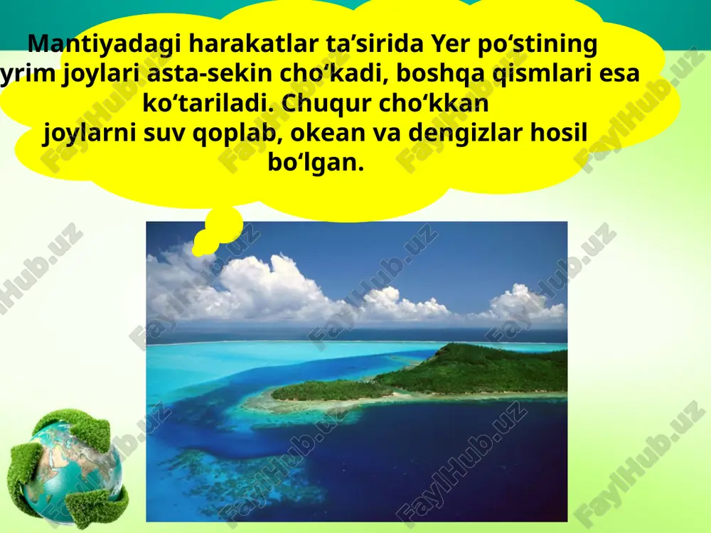 sh, uzilish natijasida sodir bo‘ladi. yer qimirlash boshlanadigan bu joy yer qimirlash o‘chog‘i — gipotsentr deyiladi. yer qimirlash o‘chog‘i ustidagi joy yer qimirlash markazi — epitsentr deb yuritiladi. epitsentr gipotsentr yer qimirlash harakatlari juda sezuvchan asbob — seysmograflarda avtomat ravishda yozib olinadi («seysmo» — yer qimirlash, «grafo» — yozaman). yer qimirlashini o’lchaydigan asbob image2.jpeg image3.jpeg image4.jpeg image5.jpeg image6.jpeg image7.jpeg image8.jpg image9.jpeg image10.png image11.jpeg image12.png image13.jpg image14.jpeg image15.gif image16.jpg image1.jpeg /docprops/thumbnail.jpeg
