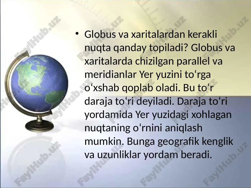 avzuni o`qish 2. 26-, 27-rasmlarni chizib kelish 3. atlasdan rasmlarni chizib kelish 4. kitobdan 4-topshiriqning a-, b-vazifalarni yozib kelish atamalar sutka – yerning o`z o`qi atrofida bir marta to`liq aylanib chiqishi uchun ketgan vaqt yerning qutblari – yer aylanish o`qining yer yuzi bilan tutashgan ikki nuqtasi ekvator – yer yuzida qutblardan barobar uzoqlikda o`tkazilgan aylana chiziqlar meridianlar – shimoliy qutb bilan janubiy qutbni tutashtiruvchi yer yuzasidan o`tkazilgan yarim aylana chiziqlar parallellar – yer ekvatoriga parallel qilib chizilgan aylana chiziqlar daraja to`ri – yer yuzida parallel va meridianlarning kesishishidan hosil bo`ladigan to`r geografik kenglik – meridianning ekvatordan berilgan nuqtagacha bo`lgan qismi yoyining daraja (gradus) hisobidagi kattaligiga aytiladi. geografik uzunlik – bosh meridiandan berilgan nuqtagacha bo`lgan parallel yoyining daraja hisobidagi uzunligiga aytiladi. geografik koordinata – yer yuzidagi har bir nuqtaning kenglik uzunligi image1.jpeg image2.png image3.jpeg image4.jpeg image5.jpeg image6.jpeg image7.jpeg /docprops/thumbnail.jpeg