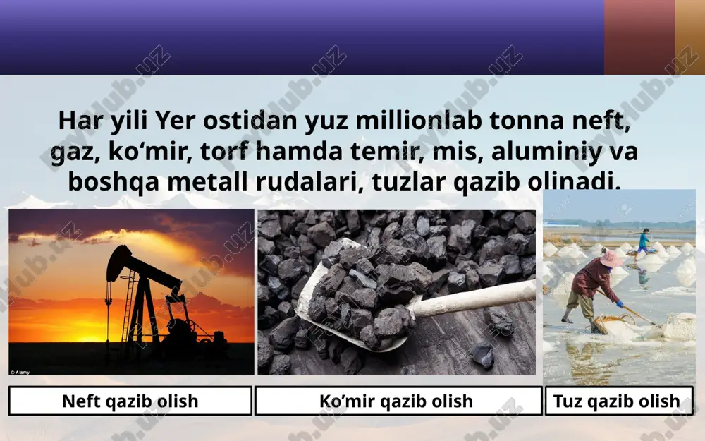 tika, hind va shimoliy muz okeanlaridan iborat. dunyo okeani yer yuzining 71 foiz (%) ini, quruqlik esa 29 % ini egallagan. tog‘ va tekisliklar quruqlik relyefining asosiy shakllari hisoblanadi. tog‘lar yerning ichki kuchlari ta’sirida hosil bo‘ladi. tekisliklar tog‘larning yemirilishi va yemirilgan jinslarning chuqurliklarni to‘ldirishidan vujudga keladi. tekisliklar yuzasi tekis yoki biroz past-baland yerlardir. dunyodagi eng katta tekisliklar: turon, amazonka, g‘arbiy sibir va sharqiy yevropa tekisliklaridir yer yuzining dengiz sathidan 500 m dan ortiq baland bo‘lgan joylariga tog‘lar deyiladi. dunyodagi eng baland nuqta himolay tog‘laridagi jomolungma cho‘qqisi bo‘lib, balandligi 8 848 m. bu cho‘qqini o‘zbekistondan birinchi bo‘lib, 1998-yilning 22-mayida rustam rajabov zabt etgan. agar tekisliklarning dengiz sathidan balandligi 200 m dan oshmasa, ular pasttekislik deyiladi. 38-rasm. tekisliklarning balandliklarga qarab har xil atalishi. pasttekislik qirlar yassi tog‘lik tekisliklar balandligi 200 m d an 500 m gacha bo‘lsa, ular qirlar deb ataladi. 200 m 500 m 500 m dan ortiq image2.jpg image3.jpeg image4.jpeg …