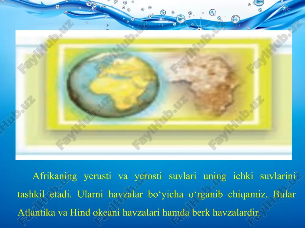 aryosidir (uzunligi 2 660 km). daryoda ko‘plab ostonalar va sharsharalar hosil bo‘lgan. quyi oqimida delta tarkib topgan va kemalar qatnaydi. daryodagi viktoriya sharsharasi keng (1 800 m) suv oqimini hosil qilib, 120 m balandlikdan tor daraga oqib tushadi. bu dunyodagi eng yirik va go‘zal manzarali sharsharalardan hisoblanadi. berk havzada joylashgan shari daryosi chad ko‘liga quyiladi. afrikaning barcha yirik daryolarida baliqlar mo‘l. viktoriya, tanganika, nyasa ko‘llari asosiy ko‘llardir. viktoriya tektonik botiqda, qolgan ikkitasi afrika yer yorig‘ida joylashgan. barchasi oqar ko‘llardir. chad, rudolf, rukva oqmas ko‘llar guruhiga kiradi. chad ko‘liga yog‘ingarchilik paytida daryolar ko‘p suv keltiradi. bu paytda ko‘l maydoni ikki baravar kengayadi. yerosti suvlari afrikaning qurg‘oqchil hududlarida yagona suv manbayi hisoblanadi. sahroyi kabir, namib, kalaxari va somali cho‘llarida yerosti suvlari topilgan. image2.jpeg image3.png image4.jpeg image5.jpeg image6.jpeg image1.jpeg /docprops/thumbnail.jpeg