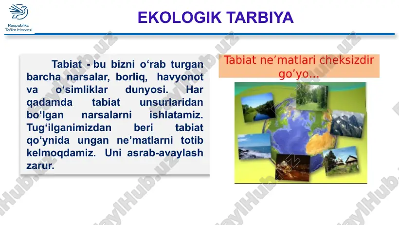 o‘g‘ri javob uchun 1 ball. 1.tabiat kompleksi nima? 1.tabiat zonasi qanday vujudga keladi? 1.mamlakati-miz qaysi zonada joylashgan? 12 xarita bilan ishlash xaritadan tabiat zonalarini aniqlash 1. mavzu yuzasidan berilgan tayanch so‘z va tushunchalarga javob yozish. 2. “tabiat va inson” mavzusida insho yozish. mavzuni o‘rganish mustaqil bajarish uchun topshiriqlar: tabiat go‘zaldir , xush navosi bor dillarga yoquvchi , ming davosi bor insonlar uchundir barcha ne’mati bag‘riga chorlovchi qaynoq mehri bor image1.jpeg image2.png image3.jpeg image4.jpeg image5.jpeg image6.png image7.jpeg image8.jpeg image9.jpeg image10.jpeg image11.jpeg image12.jpeg image13.jpeg image14.png image15.jpeg image16.jpeg image17.jpeg image18.png image19.jpeg image20.jpeg image21.jpeg image22.jpeg image23.jpeg image24.jpeg image25.jpeg image26.png image27.png image28.png image29.png image30.jpeg