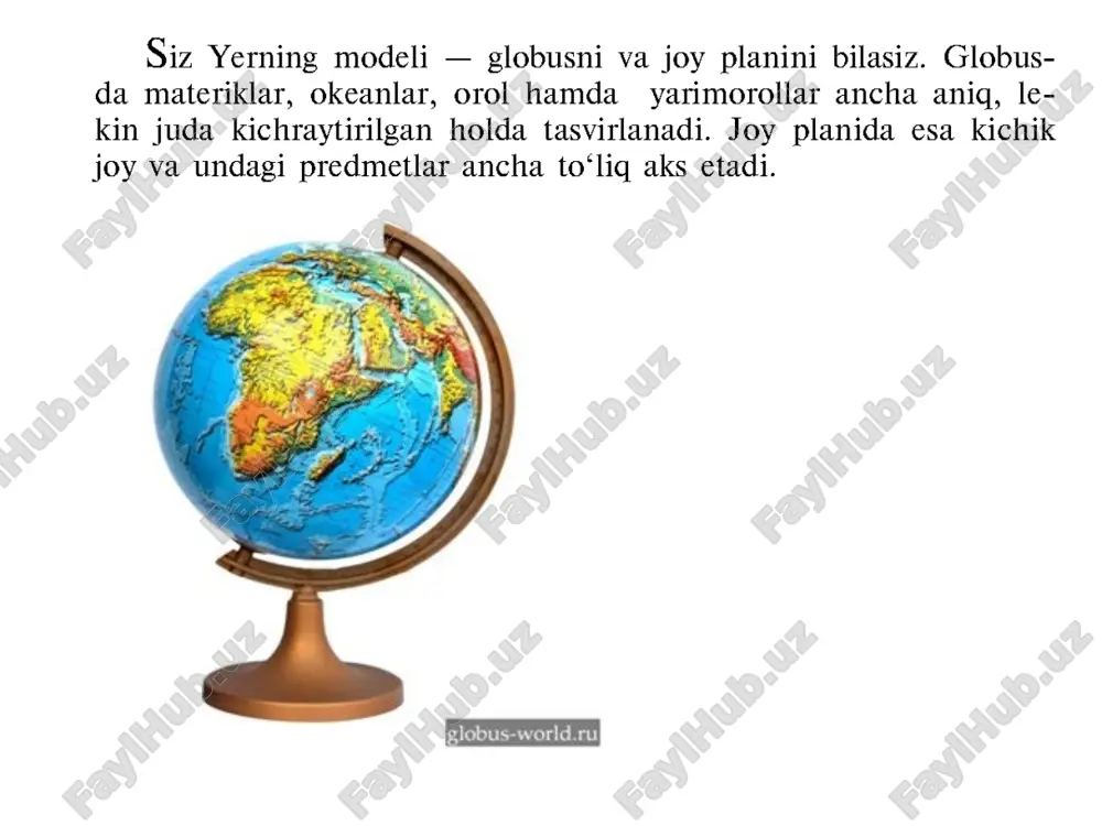 dan foydalanib, hududning har bir nuqtasining balandligini aniqlasa bo‘ladi. chuqurliklar shkalasi ham shunday tuzilgan. ba'zi bir tog‘ cho‘qqilarining balandligi, ayrim okean botiqlarining chuqurligi xarita va globuslarda metr (raqam) bilan ko‘rsatib qo‘yiladi. yer bag‘ridagi foydali qazilmalar (neft, gaz, ko‘mir, temir, oltin, mis, olmos va boshqalar xaritada maxsus belgilar bilan ko‘rsatiladi. bular xalqaro miqyosda qabul qilingan belgilardir. agar yodingizdan chiqib qolsa, xaritadagi «shartli belgilar»dan ko‘rib oling. geografik xaritalardagi izochiziqlar (yunoncha isos - teng) deb ataluvchi chiziqlar biror bir xil bo‘lgan nuqtalarni tutashtiradi. masalan, havo bosimi bir xil bo‘lgan nuqtalarni tutashtiradigan chiziqlar izobara , havo harorati o‘xshash nuqtalarni tutashtirgani izoterma deb ataladi. xaritalarda turli ob'yekt va hodisalarning harakati, siljishi harakat belgilari strelka bilan tasvirlanadi. masalan, dengiz oqimlari, shamol yo‘nalishi strelkalar yordamida ko‘rsatiladi. aholining irqiy va diniy tarkiblari, issiqlik mintaqalari, tabiat zonalari turli ranglar bilan aks ettirilgan bo‘ladi. geografik ob'yektlar va hodisalar sodda hamda yaxshi ko‘rinadigan qilib tasvirlangan, daraja to‘ri berilmagan xaritalar ham bo‘ladi. …