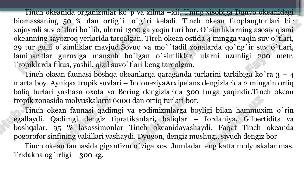 al ravishda okean yoriqlari kesib o`tgan. rodriges orolidan sharqda tog`lar sistemasi tarmoqlarga bo`linadi – shimolga tomon arabiston-hindiston, janubi-g`arbga markaziy hindiston o`rtaliq okean osti tizmalari yo`naladi. ayniqsa arabiston – hindiston tizmasi mukammalroq o`rganilgan. bunda submeridional yo`nalishdagi yorliqlar chuqur cho`kmalarni, okean trog vodiylarini yuzaga keltirgan, chuqurligi 6,4 ming metrga boradi. eng yirik yoriqlardan ouen yorig`i bo`lib tizmaning shimolini kesib o`tgan. adan qo`ltig`ida, qizil dengizda bir qancha chuqur parmalash ishlari olib borildi. eng qadimgi jinslar pallogen jinslari ekanligi aniqlandi. markaziy hindiston o`rtaliq okeani osti tizmasi janubda amsterdam vulkani platosi bilan tugaydi. bu yerdagi orollarda sen-pol va amsterdam vulkanlari bor. shu platodasi sharqda janubi-sharqqa avstraliya-antarktida ko`tarilmasi joylashgan. bu hind okeanidagi boshqa tizmalarga qaraganda keng kam parchalanganligi bilan ajralib turadi. iqlimi va suvlari hind okeanini iqlimi dastlab geografik o`rni bilan aniqlanadi. okeanning shimolidagi osiyo quruqligining ta`siri ostida shimoliy qismida musson atmosfera tsirkulyatsiyasi yuzaga keladi. bu o`z navbatida shu rayondagi suv yuza qismining tsirkulyatsiyasini davrlarga qarab …
