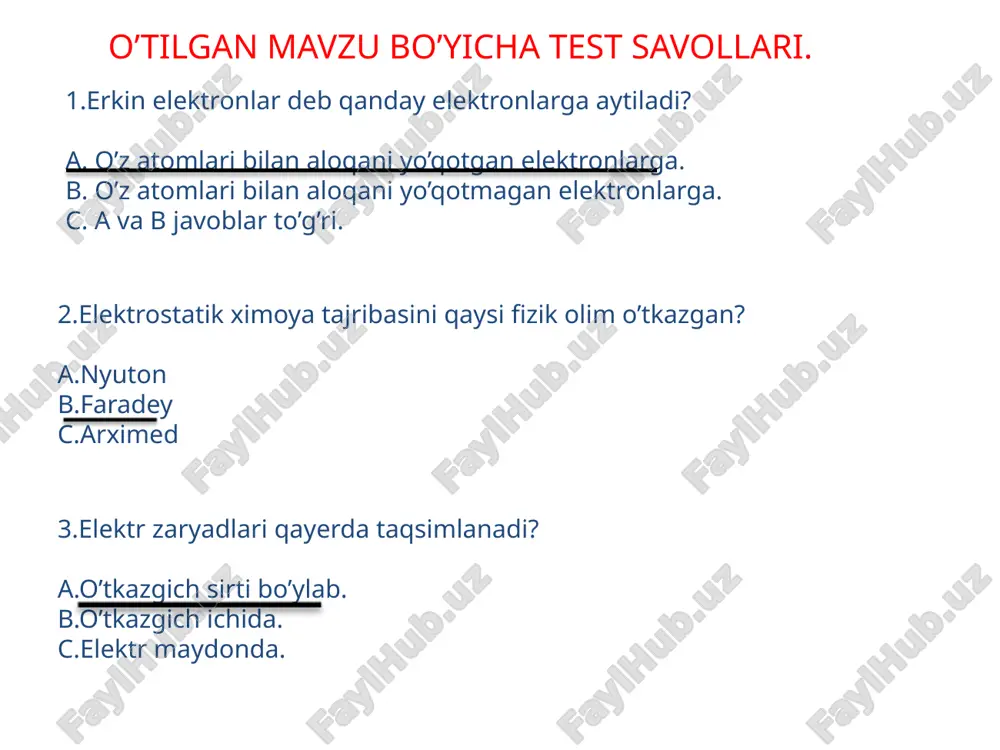 tasvirlangan. bu ulashda kondensatorlarning qarama-qarshi zaryadli qoplamalari o’zaro ulanib, kondensatorlarning hamma plastinalarida zaryad miqdori bir xil bo’ladi. kondensatorlarni ketma-ket va parallel ulash ketma-ket ulash b) parallel ulash kondensatorlarni parallel ulash 4- rasmda tasvirlangan. bu ulashda konden­satorlarning musbat zaryadli qoplamalari bir nuqtaga, manfiy zaryadli qoplamalari esa ikkinchi nuqtaga ulanib, qoplamalardagi potensiallar ayirmasi ularning hammasi uchun bir xil bo’ladi. shuning uchun har bir kondensatordagi zaryad miqdori 8 parallel ulash yangi mavzu bo’yicha test savollari. 1. kondensatorning vazifasi nima? a. o’zida elektr zaryadni to’plash. b. to’kni kamaytirish. s. elektr tokini o’zgartiradi. 2. si dagi elektr sig’imi birligi? a. volt (v) b. farad (f) s. amper (a) 3. kondensator turlarining to’g’ri ko’rsatilgan qatorini toping? a. silindirik, yassi, yarim o’tkazgichli. b. yassi, kubik, sferik. s. slindrik, yassi, sferik. image7.png image8.png image9.wmf oleobject1.bin image10.jpeg image11.jpeg image12.wmf image13.wmf image14.wmf oleobject2.bin oleobject3.bin oleobject4.bin image15.jpeg image16.jpeg image17.png image18.wmf image19.png oleobject5.bin j q c = r 1 r 2 l …