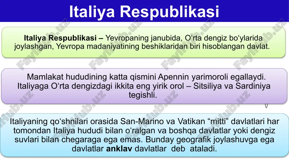 sosan, o‘rta dengiz tipidagi subtropik iqlim hukmronlik qiladi. yozi issiq, qishi esa iliq, yog‘ingarchilik ko‘proq qish oylariga to‘g‘ri keladi. alp tog‘lari italiya hududini sovuq havo massalarining kirib kelishidan saqlaydi hamda dengizdan esadigan shamollarning yo‘lini to‘sib, yog‘inlarning tushishini kuchaytiradi. italiya respublikasi italiya respublikasi italiya yevropadagi aholisi eng ko‘p beshta davlatlardan biri. 2018-yil ma’lumotlariga ko‘ra, italiyada 60,6 mln. kishi istiqomat qiladi. aholining tabiiy ko‘payishi manfiy bo‘lib, yillik hisobda -0,2 % ga teng. lekin tashqi migratsiya hisobiga italiya aholisi o‘sib bormoqda. migrantlar orasida ruminlar, albanlar hamda shimoliy afrika davlatlaridan ko‘chib kelgan arablar son jihatidan yetakchi. italiya respublikasi italiyada shahar aholisining ulushi 70 % atrofida. mamlakatdagi eng yirik shahar aglomeratsiyalari milan, rim, turin va neapol shaharlari atrofida vujudga kelgan. davlat tili – italyan tili. aholining diniy tarkibida katoliklar yetakchilik qiladi. italiya katoliklar soni bo‘yicha yevropada birinchi o‘rinda turadi. aholi italiyada ancha notekis joylashgan. aholi eng zich joylashgan hudud po daryosi oqib o‘tadigan padan tekisligi …