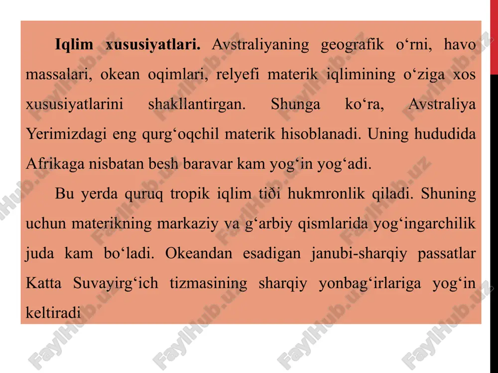 atta qismi quruq tropik iqlim mintaqasida joylashganligidan daryolar oz. avstraliyaning 60 % maydoni oqmas ichki berk havzaga, 7 % i tinch okean va 33 % i hind okeani havzasiga qaraydi. daryolarning quruq o‘zanlari kriklar deb ataladi. bu daryolarda suv ahyon-ahyonda yog‘adigan yomg‘irlardan keyin paydo bo‘ladi va tez orada qurib qoladi. yil bo‘yi sersuv bo‘lib oqadigan daryolar avstraliyaning sharqiy qismida mavjud. daryolar yomg‘irdan va yerosti suvlaridan to‘yinadi. avstraliyaning eng katta daryo tizimi — murrey va uning yirik irmog‘i darlingdan iborat. avstraliyada kichik oqmas ko‘llar ko‘p. ular juda sho‘rlangan. ko‘llar ichida eng yirigi eyr-nord ko‘li, uning maydoni suv bilan to‘lgan paytda 15 ming kv km ga yetadi. eyr-nord okean sathidan 16 m pastda joylashgan. tabiat zonalari. avstraliya maydoniga ko‘ra qiyoslansa, cho‘l zonasi egallagan hududlar bo‘yicha birinchi, o‘rmonlar maydoniga ko‘ra oxirgi o‘rinni egallaydi. materikda quyidagi tabiat zonalari tarkib topgan. fasliy nam doimiy yashil o‘rmonlar materikning shimoli-sharqiy sohillarini egallaydi. daraxtlardan palma, lavr, daraxtsimon paporotniklar, …
