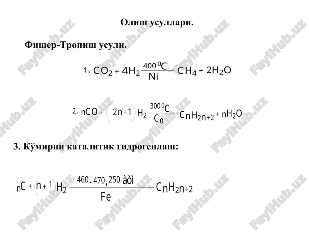 yoviy xossalari . galogenlash: metanni xlorlash. ch 4 + cl 2  h ch 3 cl + hcl ch 3 cl + cl 2  h ch 2 cl 2 + hcl ch 2 cl 2 + cl 2  h + + hcl chcl 3 chcl 3 cl 2  h ccl 4 + + hcl xlorlash reaktsiyasining mexanizmi: 1 . cl 2 2 cl h  2 . ch 4 + cl ch 3 + hcl 3 . ch 3 + cl 2 ch 3 cl + cl 4 . a)cl + cl cl cl 2 b)sh 3 + cl ch 3 cl v)sh 3 + ch 3 ch 3 ch 3 yoki (zanjir uzilishi ) 450 0 s alkanlarda s-n bog'ning aktivligi, shu jumladan xlorlashda ham temperaturag a bog'liq bo'ladi. propanni 450 0 s da xlorlansa quyidagi nisbatdagi izomerlar hosil bo'ladi: 450 0 s ch 3 ch …
