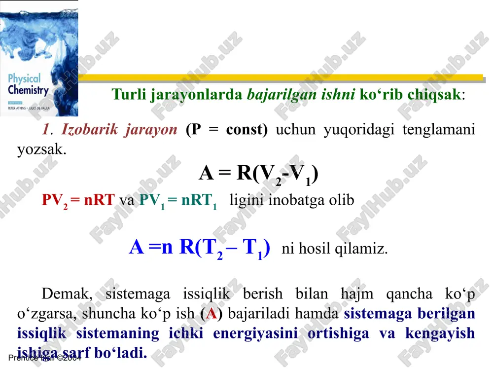 4 biz hisoblashlar natijasini indikator diagramma ko’rinishida ifodalashimiz mumkin, bajarilgan ish o’lchami izoterma p=nrt/v ostidagi yuzaga teng bo’ladi (yuqoridagi slaydda berilgan rasm). diagramma ustiga qoyilgan to’g’ri burchakli yuza o’zgarmas tashqi bosimga qarshi qaytmas kengayish uchun qaytar kengayishda erishilgan bir xil ohirgi o’rnatilgan qiymatidan olingan. kengayish qaytar bo’lsa ko’proq ish olinadi (yuza katta) chunki jarayonning har bir bosqichida sistemaning tashqi bosimni ichki bosimga tenglashtirish itarish kuchi yo’qotilmasligini kafolatlaydi. qaytar jarayondagidan ko’proq ish ola olmaymiz, chunki har bir bosqichda tashqi bosimning xatto cheksiz kichik bosimda ortishi siqilishga olib keladi. biz xulosa qilishimiz mumkinki, p>pt bo’lganda itarish kuchi yo’qotiladi, maksimal ish sistemaning ma’lum bir aniq boshlang’ich va oxirgi holatlari uchungina mavjud, bunday yo’l faqatgina o’zgarish qaytar bo’lgandagina amalga oshiriladi. prentice hall ©2004 izoxorik jarayonda (v=const) issiqlik berilishi bilan sistemaning harorati o‘zgaradi, ortadi t2 >t1, shu bilan bog‘liq ravishda qizishi hisobiga sistemaning ichki energiyasi ham ortadi u2 > u1 yopiq idish bo‘lganligi sababli hajm …