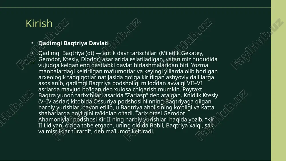 oligi ahamoniylar davlati tomonidan tugatiladi. olimlar buni koʻproq kir ii ning miloddan avvalgi 545–540-yillardagi oʻrta osiyo hududlariga yurishlari bilan bogʻlaydi. qadimgi baqtriyaning davlat tuzilishi qadimgi baqtriya, miloddan avvalgi 6-asrdan boshlab, oʻzining geografik joylashuvi va strategik ahamiyati bilan mashhur edi. u ko'plab davlatlarning kesishgan joyida joylashgan bo'lib, hukmdorlar tomonidan muhim ma'muriy markazlar sifatida boshqarildi. bu yerda feodal tizim va qabila tuzilishi birga mavjud bo'lib, aholi o'rtasida ijtimoiy qatlamlar shakllandi. → madaniy va iqtisodiy rivojlanish baqtriyaning iqtisodiy rivojlanishi asosan qishloq xo'jaligi, savdo va hunarmandchilikka tayandi. shahraklar va qishloqlarda turli xil mahsulotlar yetishtirilib, savdo yo'llari orqali boshqa davlatlarga eksport qilingan. buning natijasida baqtriya nafaqat iqtisodiy omadlar, balki madaniy aloqalarni ham rivojlantirdi, turli xalqlar bilan madaniy o'zaro ta'sirlar yuz berdi. → aholi va etnik tarkibi qadimgi baqtriyaning aholi tarkibi bir necha etnik guruhlardan iborat edi. asosiy etnik guruhlar orasida baqtriyaliklar, forslar va yunonlar mavjud bo'lib, ularning barchasi o'z madaniyatlari va an'analarini olib kelgan. bu …