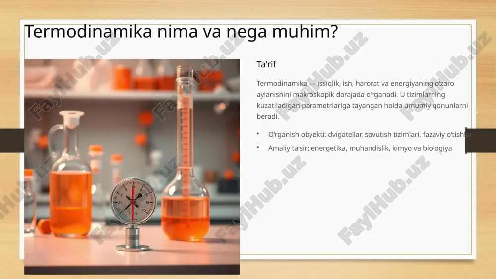 iq emas. 2 entalpiya (h) h = u + pv. izobarik jarayonlarda o‘lchanadigan issiqlik miqdori sifatida qo‘llaniladi; kimyoviy reaksiyalar issiqligini tahlil qilishda muhim. 7 ii qonun: jarayon yo‘nalishi va qaytmaslik clausius va kelvin tomonidan shakllangan ii qonun tabiat jarayonlarining bir tomonliligini taʼkidlaydi. issiqlik o‘z-o‘zidan sovuqdan issiqga o'tmaydi; shu sababli ideal to‘liq ishga aylantiruvchi sikl mavjud emas. kelvin‑plank: mutlaq samarali sikl mavjud emas real jarayonlar doimo dissipat yoki foydali ishni kamaytiradi 8 entropiya va statistik tushuntirish clausius entropiyani termodinamik holat funksiyasi sifatida kiritdi: qaytmas jarayonlarda entropiya oshadi. boltsmann esa mikroholatlar orqali entropiyani aniqladi: s = k ln w bu formulalar ii qonunning mikroskopik asosini beradi: tartibsizlik (mikroholatlar soni) ortishi entropiyaning o‘sishiga olib keladi. 9 amaliy natija va zamonaviy yo‘nalishlar — xulosa texnik termodinamika rankin, brayton, otto sikllari energetika va transport muhandisligida markaziy o‘rin tutadi. kvant va axborot termodinamikasi kichik tizimlarda energiya, harorat va axborot munosabatini qayta ko‘rib chiqmoqda — yangi texnologiyalar …