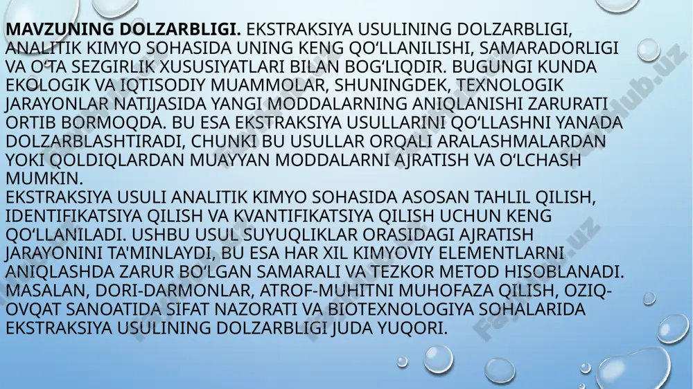 ratish va identifikatsiya qilishda yuqori samaradorlikka ega bo‘lgani sababli, ularning dolzarbligi kun sayin oshib bormoqda. masalan, toksik moddalarning aniqlanishi, farmatsevtik va biotexnologik mahsulotlarni ishlab chiqish, shuningdek, resurslarni qayta ishlashda ekstraksiya usullari muhim ahamiyat kasb etadi. kurs ishi maqsadi: ushbu kurs ishining maqsadi ekstraksiya usulining analitik kimyo sohasidagi o‘rni, ahamiyati va qo‘llanilishi haqida chuqur tushuncha hosil qilishdir. ekstraksiya jarayonining asosiy prinsiplari va turlarini tahlil qilish, uning kimyoviy reaktsiyalari va metodologik yondoshuvlarini o‘rganish orqali bu usulning analitik kimyo va boshqa sohalardagi samaradorligini ko‘rsatish. kurs ishida, ekstraksiya usulining muammolari, uning optimallashtirish yo‘llari va yangi texnologiyalarning dolzarb ahamiyatini tahlil qilishga qaratilgan tadqiqotlar olib boriladi. shuningdek, ekstraksiya metodining ekologik tozalik, xavfsizlik va samaradorlik nuqtai nazaridan rivojlanishini o‘rganish va uning kelajakda analitik kimyo hamda boshqa sohalarda qo‘llanilishi bo‘yicha prognozlar keltiriladi. bundan tashqari, ekstraksiya usulining analitik kimyo metodlari sifatida afzalliklari, turli sanoat tarmoqlaridagi qo‘llanilishi va innovatsion texnologiyalarni ishlab chiqishda muhim o‘rin tutishi tushuntiriladi. kurs ishining maqsadi orqali …