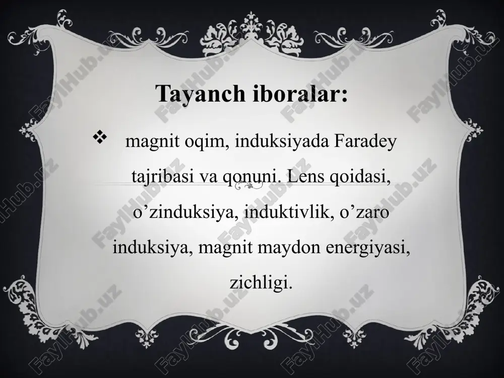 hodisa ham birinchidagiga o`xshashdir - bunda o`zgaruvchan magnit maydonni s solenoidda hosil bo`lgan yoki yo`qolayotgan tok hosil qiladi. ikkala holda ham o`tkazgich konturi yaqinidagi magnit maydonning kattaligi o`zgaradi, demak, kontur bilan chegaralangan sirt orqali o`tuvchi magnit induksiya oqimi ham o`zgaradi. 3. peterburg universitetining professori lens induksion tokning yo`nalishi uchun quyidagi qoidani topdi: berk konturda hosil bo`lgan tok shunday yo`nalganki, bu tok kontur bilan chegaralangan yuz orqali o`tuvchi va uning o`zini hosil qiluvchi magnit oqimi induksiyasining o`zgarishini kompensatsiyalovchi xususiy magnit induksiya oqimini yaratadi faradey qonuni: berk o’tkazuvchan kontur orqali o’rab olingan magnit induksiya oqimining o’zgarish sababi qanday bo’lishidan qat’iy nazar, konturda yuzaga keladigan e.yu.k. quyidagiga tengdir: bu tenglikdagi manfiy ishoraning ma`nosi quyidagicha: induksiya oqimining ortishi (df/dt>0) konturni aylanib chiqishdagi manfiy yo`nalish bo`ylab ta`sir etuvchi e.yu.k. ni, induksiya oqimining kamayishi (df/dt<0) esa konturni aylanib chiqishdagi musbat yo`nalish bo`ylab ta`sir etuvchi e.yu.k. ni hosil qiladi. 4. o'zinduksiya. elektromagnit induksiya hodisasining asosiy qonuniga asosan, …