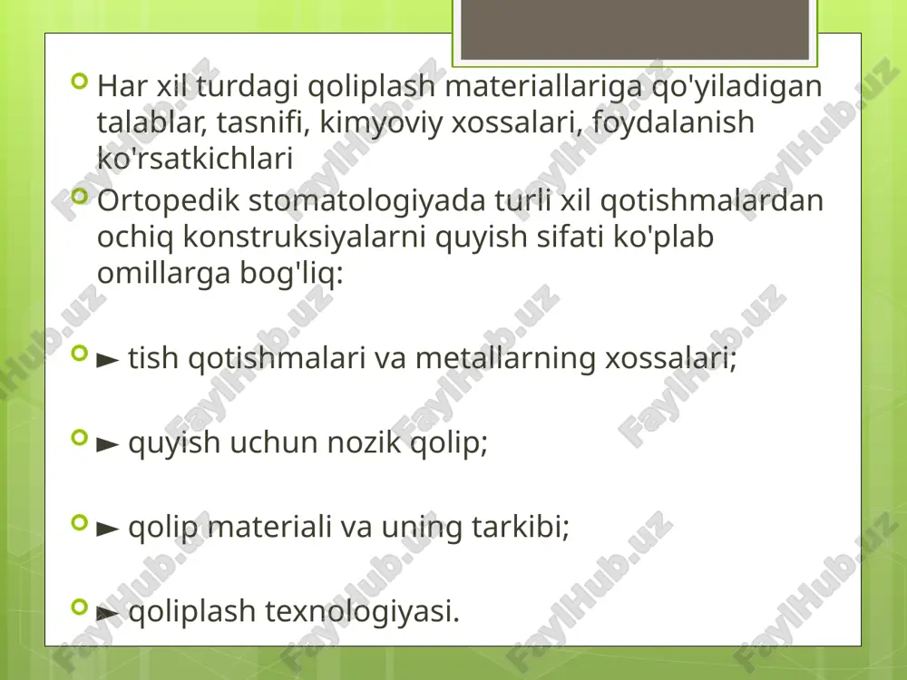 i kerak; ► qattiqlashganda ular eritilgan metallni quyishda hosil bo'lgan gazlarni o'zlashtira oladigan gaz o'tkazuvchan qobiqni yaratishi kerak; kalıplama materiallarining tasnifi: 1. gips, 2. fosfat, 3.silikat. gips kalıplama materiallari tarkibi: - gips (20-40%), - kremniy oksidlari. bunday holda, gips bog'lovchi hisoblanadi. silikon oksidi plomba vazifasini bajaradi, massaga kerakli miqdordagi qisqarish deformatsiyasini va issiqlikka chidamliligini beradi. qoliplash massasini tayyorlash hajmning oshishi bilan birga keladi, bu esa quyma qisqarishini qoplash uchun ishlatiladi. masalan, hajmning 1,25-1,3% ni tashkil etadigan oltin qotishmalarining qisqarishi qoliplash materialining kengayishi bilan to'liq qoplanadi. qattiqlashuv tezligini va termal kengayish koeffitsientini tartibga solish uchun aralashmaga 2-3% natriy xlorid yoki borik kislotasi qo'shiladi. fosfat qoliplash materiallari murakkab: - kukun (sink fosfat tsement, maydalangan kvarts, kristobalit, magniy oksidi, alyuminiy oksidi gidrat va boshqalar); - suyuqliklar (fosfor kislotasi, magniy oksidi, suv, alyuminiy oksidi gidrat). ushbu materiallar taxminan 0,027 ° s -1 hajmli kengayishning harorat koeffitsientiga ega bo'lgan zanglamaydigan po'latlarni sovutish paytida qisqarishni qoplaydi. …