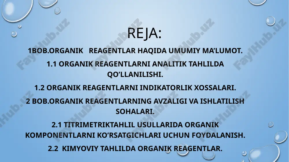 izoamilatsetat, emtiletilketon, siklogeksanon, tributilfosfat) niqoblovchi reagentlar (vino, limon, sulfosalitsil, askorbin kislotalari) sifatida qo’llaniladi. organik analitik reagentlar funksional aktiv guruh (fag) bevosita analitk kimyoviy reaksiyaga kirishish qobiliyatiga ega bo’lgan atom yoki atomlar guruhi 100 dan ortiq -oh; >c=o; -cooh; -nh2; =nh; =n-; -no2; -sh; -s-; -s-s-; >s=o analitik aktiv guruh (aag) fag ni analitik effektini kuchaytiradi, metal atomi bilan koordinatsion bog’ hosil qilmaydi -oh; -cooh; -nh2; =nh; =n-; -no2; -sh; -s-; -s-s-; >s=o >c=o; -n=n- nh-nh- -n=o >c=n-oh dimetilglioksim reagentining nikel kationi bilan hosil qilgan kompleksi 1-nitrozo-2-naftolning cobalt(iii) bilan hosil qilgan kompleksi 8-gidroksixinolinning al(iii) bilan hosil qilgan kompleksi cho’ktiruvchio sifaftida qo’llaniladigan organik reagentlar 2 xil bo’ladi: 1) ion xarakterga ega bo’lmagan cho’kma hosil qilib, metal ioni bilan xelat hosil qiluvchi oar. masalan, 8-gidroksixinolin, dimetilglioksim, 1-nitrozo-2-naftol 2) kam eruvchan cho’kma hosil qilib, kompleks tarkibida noorganik ion bilan oar oralida ion bog’ bo’ladigan oar kiradi. masalan, benzidin (so42-), tertrafenilboratnatriy (k+, rb+, cs+, nh4+) …