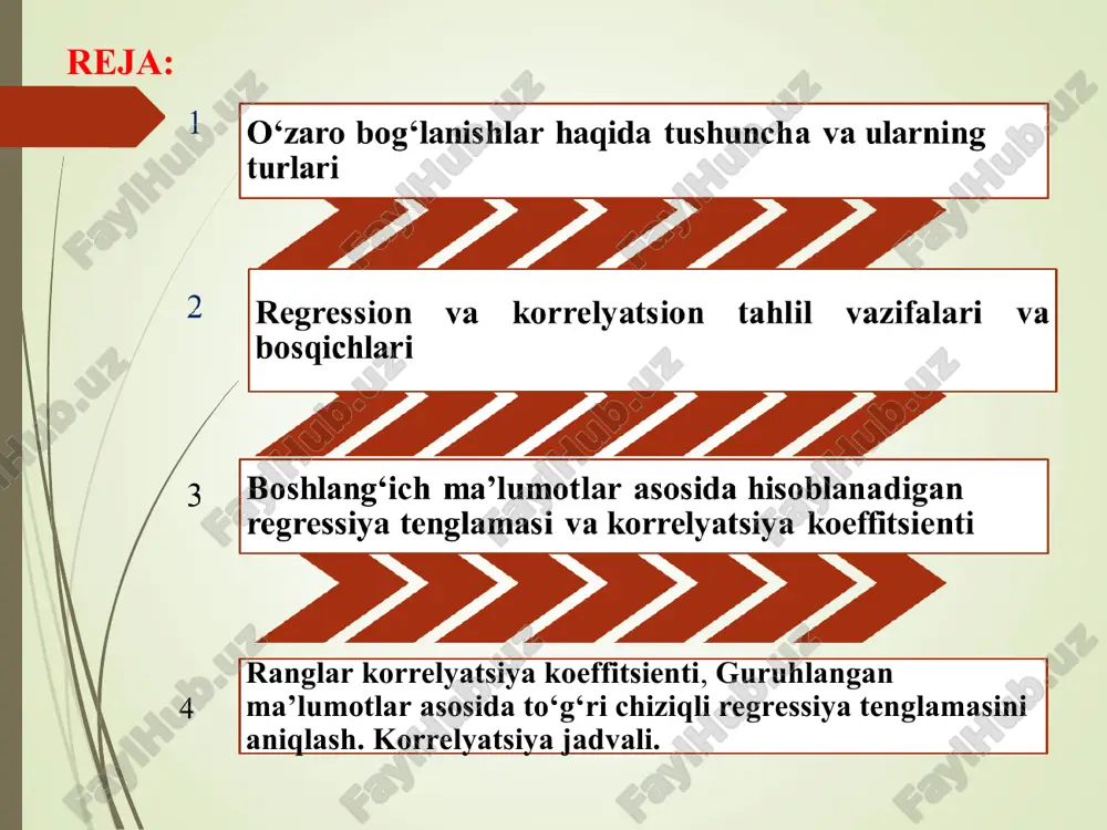 isi erksiz o‘zgaruvchilar hisoblanadi. birinchi toifadagi belgilar boshqalariga ta’sir etadi, ularning o‘zgarishiga sababchi bo‘ladi. shuning uchun ular omil belgilar deb yuritiladi, ikkinchi toifadagilar esa natijaviy belgilar deyiladi. masalan, paxta yoki bug‘doyga suv, mineral o‘g‘itlar va ishlov berish natijasida ularning hosildorligi oshadi. bu bog‘lanishda hosildorlik natijaviy belgi, unga ta`sir etuvchi kuchlar (suv, o‘g‘it, ishlov berish va h.k.) omil belgilardir. o‘zaro bog‘lanishlar xarakteriga qarab ikki turga bo‘linadi 2. regression va korrelyatsion tahlil vazifalari va bosqichlari funksional bog'lanish statistikada bir o'zgaruvchining qiymati ikkinchi o'zgaruvchining qiymati bilan aniq bir matematik formula orqali ifodalanishini anglatadi. bu bog'lanishda bir o'zgaruvchi qiymati berilganda, ikkinchi o'zgaruvchining qiymati aniq hisoblab chiqiladi. misol uchun soliq toʻlovi va daromad oʻrtasidagi funksional bogʻlanish korrelyatsiya statistikada ikki o'zgaruvchi orasidagi bog'liqlikni o'lchash uchun ishlatiladigan asosiy tushunchalardan biridir. u ikki o'zgaruvchi qanchalik bir-biriga bog'liq ekanligini aniqlashga yordam beradi. korrelyatsiya koeffitsienti odatda -1 dan +1 gacha bo'lgan qiymatlar oralig'ida ifodalanadi: daromad va iste’mol: odamlarning daromadi oshgani …