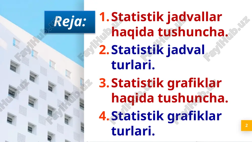 ik. – t.: tmi, 2019. – 436 bet. abdullayev yo., ergashev e., ikromov m., ro’ziyev a. statistika (i modul) fani bo’yicha. darslik. – t.: tmi, 2021. 275 bet. statistika jadvallari tarihiga nazar tashlaydigan bo'lsak, ularni birinchi bo'lib buyuk rus olimi n.k.kirilov o'zining iqtisodiy-statistik tadqiqoti “butun rossiya davlatini yashash darajasi” (1726 y.) asarida qo'llagan. ayrim manbalarda statistik jadvallarni yaratuvchisi deb anhsersen (daniya) hisoblanadi. lekin uning asari 1747 yilda chop etilgan. statistik jadvallar haqida tushuncha 4 shunday qilib statistik jadvallar xviii asrda paydo bo'lgan. statistik jadvallar haqida tushuncha 5 ta’rif statistik jadvallar deb o'rganilayotgan hodisa va voqealar to‘grisidagi ma'lumotlarni tartibli, ko'rgazmali ifodalashga aytiladi. tashqi ko'rinishidan statistik jadval gorizontal va vertikal chiziqlarning kesishmasidan iborat bo'lgan tuzilmada ifodalanadi. gorizontal chiziqlar qatorlar, vertikal – ustunlar deyiladi. tuzilgan, lekin raqamlar bilan to'ldirilmagan jadvalni, statistik jadvalni maketi deyiladi 6 jadval umumiy maketi quyidagi ko’rinishda bo’ladi jadvalning umumiy maketi statistik jadvallar haqida tushuncha 7 ega jadvalning chap tomonida …