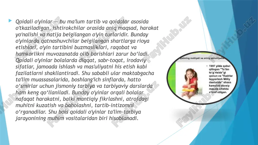 ashmachoq”, “halqa otish” kabi o‘yinlar. ular bolalarda chaqqonlik, epchillik, kuch, muvozanat va koordinatsiyani rivojlantiradi. harakatli oʻyinlar sportga tayyorgarlik sifatida ham xizmat qiladi, shu bilan birga sogʻlom turmush tarziga o‘rgatadi. didaktik (taʼlimiy) qoidali oʻyinlar bu oʻyinlar o‘qituvchilar tomonidan dars jarayonida qo‘llaniladi. masalan, “ranglarni top”, “sonni to‘ldir”, “harfni eslab qol”, “mos rasmni tanla” kabi. bular o‘quvchilarda o‘rganilayotgan mavzuni mustahkamlash, eslab qolish va amaliy qo‘llash malakasini oshiradi. tarbiyaviy jihatdan: o‘yinlar orqali bolalarda mehnatsevarlik, adolat, halollik, do‘stlik, tartib-intizom, hurmat kabi fazilatlar shakllanadi. o‘yin jarayonida ular raqibga nisbatan hurmat bilan munosabatda bo‘lishni, yutqazishni yoki yutishni to‘g‘ri qabul qilishni o‘rganadilar. jismoniy jihatdan: harakatli oʻyinlar organizmni chiniqtiradi, yurak-qon tomir tizimini mustahkamlaydi, muvozanat, chaqqonlik va kuchni oshiradi. aqliy jihatdan: intellektual va didaktik oʻyinlar tafakkurni o‘tkirlashtiradi, eʼtibor va xotirani mustahkamlaydi, mantiqiy fikrlashni rivojlantiradi. shuningdek, qoidali oʻyinlar jamoada ishlashni, bir-biriga yordam berishni, rahbarlik va itoatkorlikni uygʻunlashtirishga yordam beradi. shu sababli ularni taʼlim tizimida, sport mashg‘ulotlarida va madaniy tadbirlarda muntazam qo‘llash …