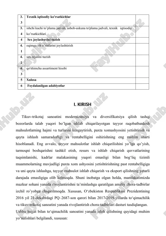 chora-tadbirlar izchil ro’yobga chiqarilmoqda. xususan, o‘zbekiston respublikasi prezidentining 2016 yil 21-dekabrdagi pq–2687-son qarori bilan 2017-2019-yillarda to‘qimachilik va tikuv-trikotaj sanoatini yanada rivojlantirish chora-tadbirlari dasturi tasdiqlangan. ushbu hujjat bilan to‘qimachilik sanoatini yanada isloh qilishning quyidagi muhim yo‘nalishlari belgilandi, xususan: – to‘qimachilik sanoatining iqtisodiyotdagi ulushini oshirish, mamlakatda ishlab chiqarilayotgan to‘qimachilik mahsulotlarining hajmi va sifatini oshirish; - to‘qimachilik sanoatining boshqaruv tizimini tubdan qayta ko‘rib chiqishhiliksanoati sohasida standartlashtirish va sertifikatlashtirish tizimini yanada takomillashtirish;oqqa ilg‘or axborot-kommunikatsiya texnologiyalarini keng joriy etish; alga oshirish; –istika va muhandislik infratuzilmasini rivojlantirish bilan o‘zaro uzviy bog‘liqlikda xom ashyo resurslari taqsimotining va tashkil etilayotgan tarmoq korxonalari joylashuvining muvozanatini ta’minlash; –lab chiqarish jarayoniga ilg‘or innovatsiya texnologiyalari, nou-xau, dizaynerlik ishlanmalarini keng joriy etish, furnitura va aksessuarlarning zamonaviy namunalarini ishlab chiqarishni mahalliylashtirish; –to‘qimachilik sanoati uchun kadrlar tayyorlash, qayta tayyorlash va malakasini oshirish tizimini tubdan takomillashtirish . o`zbekiston respublikasida to‘qimachilik sanoatini rivojlantirish va modernizatsiya qilish borasida amalga oshirilayotgan ishlar va bugungi kunga kelib tarmoqda 2 ming …