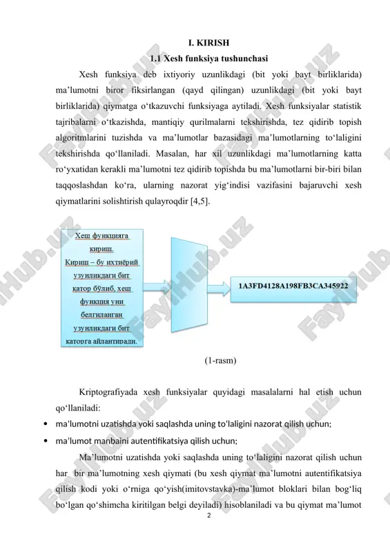 aktiv hujumlar haqida ham ogohlantiradi. raqib xesh qiymatni mustaqil o‘zi hisoblab topa olmasligi va muvaffaqqiyatli holda imitatsiya qilishi yoki ma’lumotni o‘zgartira olmasligi uchun xesh funksiya raqibga ma’lum bo‘lmagan maxfiy kalitga ega bo‘lishi kerak. bu kalit faqatgina ma’lumotni uzatuvchi va qabul qiluvchi tomonlarga ma’lum bo‘lishi kerak. bunday xesh funksiyalarga kalitli xesh funksiyalar deyiladi. kalitli xesh funksiyalar yordamida hosil qilinadigan o‘rniga qo‘yishlar(imitatsiya) (impersonation) turidagi hujumlarda soxta ma’lumotlarni hosil qilishga (fabrication) va o‘rniga qo‘yishlar(imitovstavka) (substitution) turidagi hujumlarda uzatiladigan ma’lumotni modifikatsiya (o‘zgartirish) qilishga yo‘l qo‘ymaslik uchun ishlatiladi [4,7]. ma’lumot manbaini autentifikatsiya qilish masalasi axborot-kommunikatsiya tizimining bir-biriga ishonmaydigan foydalanuvchilari o‘rtasida ma’lumot almashinuvida yuzga keladi. bu masalani hal qilishda ikkala tomon ham biladigan maxfiy kalitni qo‘llab bo‘lmaydi. bu holatda ma’lumot manbaini autentifikatsiya qilishga imkon beradigan raqamli imzo sxemasi qo‘llaniladi. bunda odatda foydalanuvchining maxfiy kalitiga asoslangan imzo qo‘yishdan oldin xatolik kodini aniqlovchi xesh-fuksiya yordamida ma’lumot siqiladi. bu holda xesh funksiya maxfiy kalitga ega bo‘lmaydi va u fiksirlangan …