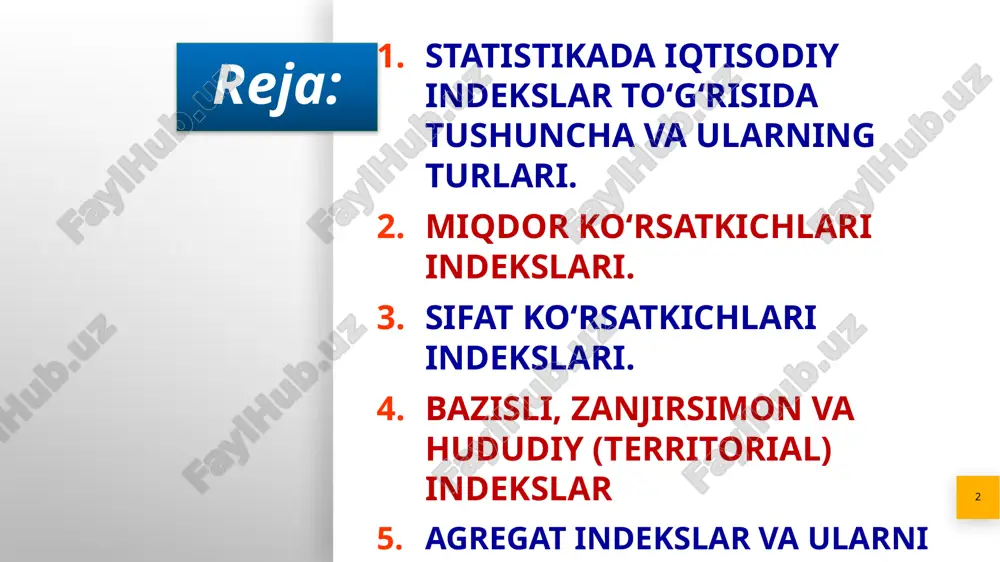 a'lumotlari milliy bazasi. www.stat.uz – o'zbekiston respublikasi prezidenti huzuridagi statistika agentligi rasmiy sayti. www.imv.uz – o'zbekiston respublikasi iqtisodiyot va moliya vazirligi sayti. www.cbu.uz – o'zbekiston respublikasi markaziy banki sayti. www.mehnat.uz – o'zbekiston respublikasi kambag’allikni qisqartirish va bandlik vazirligining sayti. (1834–1913) "laspeyres indeksi“ ni ishlab chiqdi. bu indeks narxlar va hajmlardagi o‘zgarishlarni tahlil qilish uchun qo‘llanadi.u og‘irlikli indekslar tuzishda muhim usulni taklif qilgan (1851–1925) "paasche indeksi" muallifi. bu indeks yangi og‘irliklar asosida narxlar va miqdorlarni o‘lchashga imkon beradi. laspeyres indeksi bilan solishtirish imkonini bergan. (1867–1947) indekslar nazariyasiga muhim hissa qo‘shgan "fisher indeksi"ni ishlab chiqqan. bu indeks laspeyres va paasche indekslarining geometrik o‘rtachasi sifatida aniqlanadi.fisher indekslari o‘lchovlar orasida balans va aniqlikni ta'minlagan. "indeks" atamasining fan doirasida keng qo‘llanishi ayniqsa statistik va iqtisodiy tadqiqotlarda xx asr boshlarida rivojlandi. laspeyres, paasche va fisher kabi olimlar indekslar nazariyasi va amaliyotining asoschilari hisoblanadi. ular o‘z ishlari orqali iqtisodiy va ijtimoiy jarayonlarni miqdoriy baholashga katta hissa qo‘shdilar. …