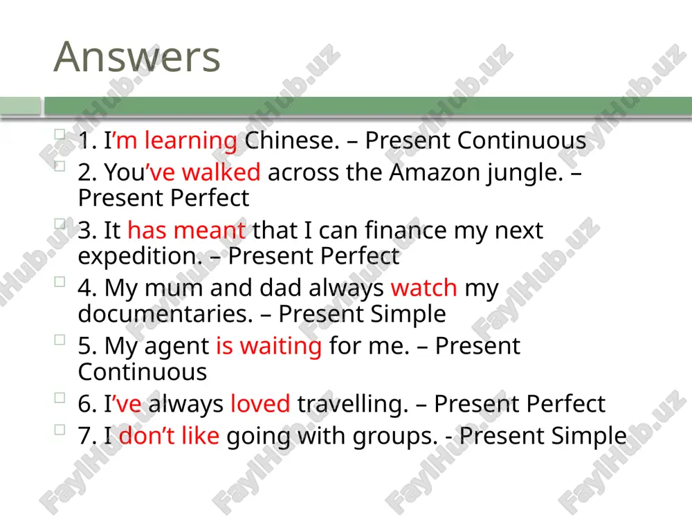 homework. you have done the homework. he/she/it has done the homework. we have done the homework. you have done the homework. they have done the homework. present perfect - questions have i done the homework? have you done the homework? has he/she/it done the homework? have we done the homework? have you done the homework? have they done the homework? present perfect - negative i have not done the homework. you have not done the homework. he/she/it has not done the homework. we have not done the homework. you have not done the homework. they have not done the homework. we use the present perfect to talk about: past events and activities with results or consequences in the present. i’ve lost my keys and now i can’t open the door. an action in the past when we don’t know or are not interested in when it happened. (to talk about …