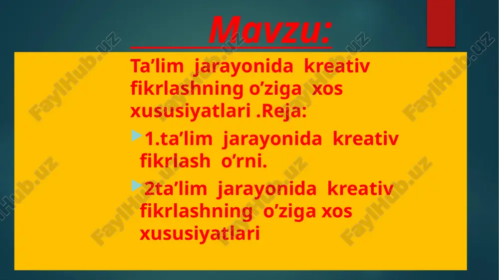 ning uchun ijodiy fikrlashga vaqt ajratish, ijodiy salohiyatni anglash lozim. jorj bernard shou hazillashib shunday deydi: “ko‘pchilik yiliga ikki-uch marta o‘ylaydi. mening butun dunyoga mashhurligim sababi — haftada bir yoki ikki marta o‘ylaganim”. demak, xayolga kelgan yangi fikrlarni e’tiborsiz qoldirmaslik, o‘ylash uchun imkon yaratish muhim. tasodiflarga befarq bo‘lmang. juda ko‘plab ixtirolar favqulodda va tasodifiy holatlarda amalga oshirilgan. ya’ni, taqdirning o‘zi insonga nozik ishoralar beradi. bu isaak nyutonning boshiga tushgan olma, antibiotikni kashf etgan olim aleksandr flemingning yuvilmay qolib, mog‘orlagan laboratoriya idishlari ko‘rinishida bo‘lishi mumkin. eʼtiboringiz uchun rahmat image6.jpg image7.jpg image8.jpg image9.jpg image10.jpg image2.png image3.png image4.png image5.png /docprops/thumbnail.jpeg