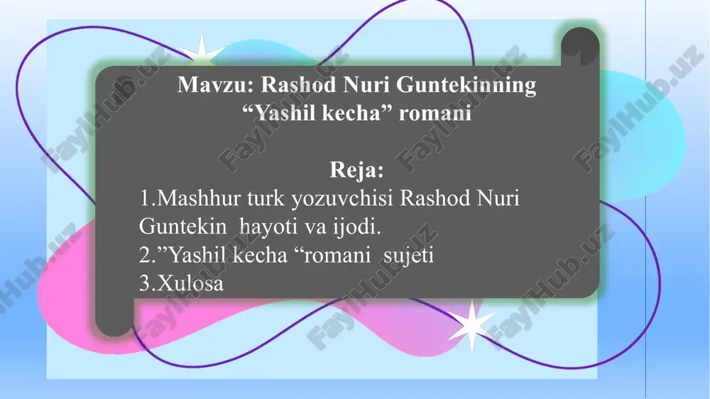 qishlog’ida qoloq kishilar ongidagi sarqitlarni sidirib tashlab maktab o’quvchilarini yangi,ilg’or ,zamonaviy hayotga yetaklash uchun qattiq kurashga otlanadi.u o’z atrofidagi xalqparvar kishilar bilan birgalikda mansabparastlar ,johillar va ruhoniylar qarshiligini sindirishga erishadi. asar qahramonlari shoxin afandi-bosh qahramon .boshlang’ich maktab o’qituvchisi kozim afandi-komissar.shoxin afandining ittifoqdoshi najib tentak-shoxinning do’sti.mahkama muhandisi tolib bey-muallimlar jamiyati mudarrisi. ayub afandi-muallimlar jamiyati a’zosi. zuhti afandi-muallimlar jamiyati mudarrisi.shoxinning dushmani. asar qahramonlarining xarakteriga ko’ra guruhlaymiz: -salbiy -ijobiy 9 shoxin afandi rahim domla najib tentak xoji amin rasim afandi jobir bey komissar kozim afandi ayub afandi “yashil kecha” romani yangi tashkil etilgan turkiya respublikasida amalga oshirilishi kerak bo‘lgan asosiy tamoyil bo‘lgan dunyoviylik masalasini va milliy kurashni o‘rganadi. asar yozilayotgan vaqtda rashod nurining emil zolyaning “haqiqat (haqiqat)” asarini turk tiliga o‘girganligi ham asar rivojiga yaqindan ta’sir qiladi. chunki, “haqiqat” romani asosan dunyoviylik mavzusiga bag‘ishlangan 1 . asarning birinchi nashri 1928-yilda suhulet kutubxonasi tomonidan, oxirgi nashri esa 2007-yilda o‘ttiz ikkinchi marta “inqilob” nashriyoti tomonidan …