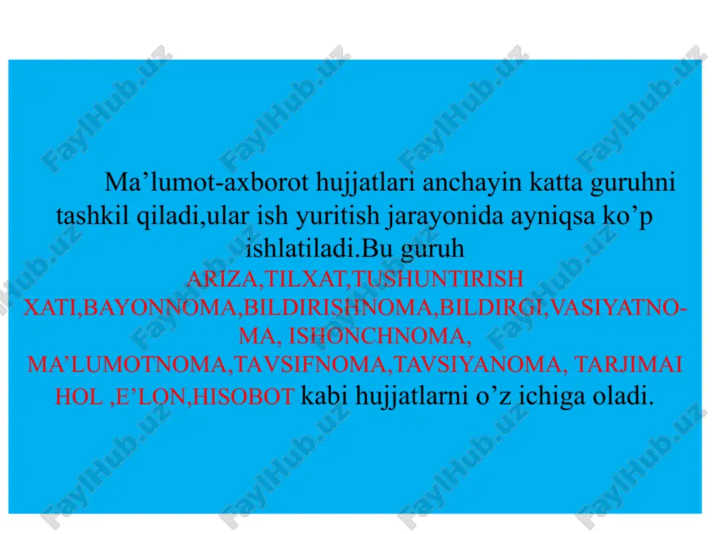 mos, shikoyat) -arizaga ilova kilinadigan hujjatlar nomi (agar zarur deb topilsa) -ariza yozuvchining imzosi, ismi va ota ismining bosh harfi, familiyasi. -ariza yozilgan vakt (yil, kun va oy). shuni eslatib utmok joizki, arizaning zaruriy kismlari barcha arizalarda ham birday takrorlanavermaydi. masalan, hodim uzi ishlayotgan korhona yoki idora rahbariyatiga ariza yozganda uning yashash joyi hakida ma'lumot zarur bulmaydi. bunday hollarda hodim uzi ishlaydigan bulim (kism, brigada va hokazo) va lavozimini kursatsa, kifoya. shuningdek, kupchilik arizalar uchun ilovalarning ham hojati bulmaydi. yukorida sanab utilgan zaruriy kismlarning odatdagi joylashuvi kuyidagicha kurinishga ega. www.arxiv.uz ariza asosan ko’lda yoziladi va uning mazmuni erkin bayon kilinadi. mazmuni va usubiga kura arizalar bir hil emas: bir necha suzdan iborat bulishi ham mumkin yoki keng jamoatchilikning uylantirayotgan ijtimoiy masalarlar yuzasidan fikr mulohozalar bildirilgan hat tarzida bulishi ham mumkin. shu nuktai nazardan arizalar sodda va murakkab turlarga jaratiladi. murakkab ariza matni katta bulish bilan birga unga ilovalar kilinishi mumkin. …