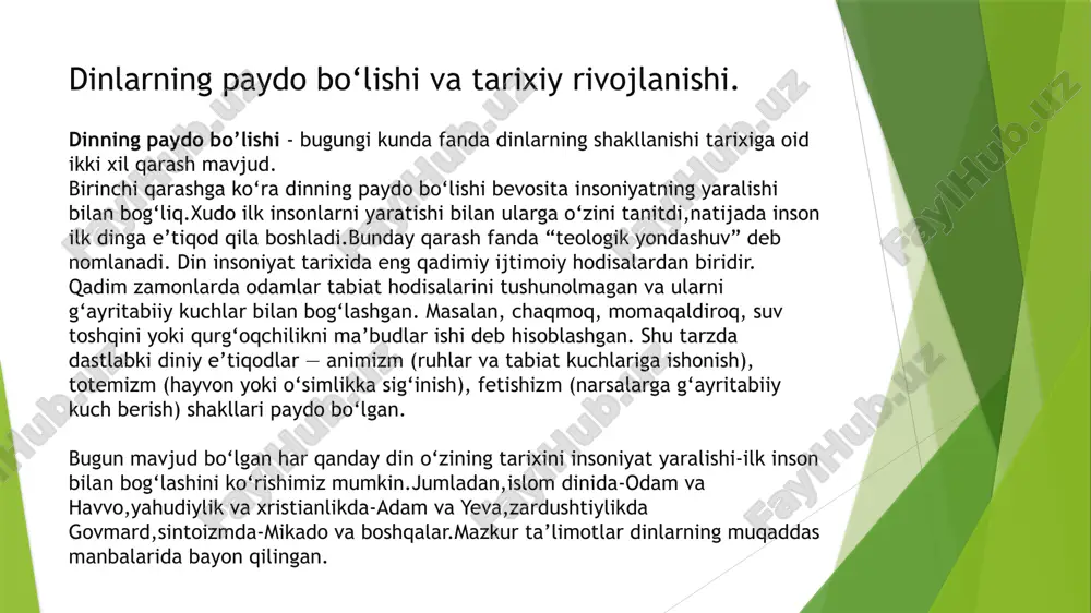 rda — osiris, ra, isis kabi xudolarga sig‘inish. qadimgi yunonistonda — zevs, afrodita, poseydon va boshqalar. qadimgi hindistonda — veda dinlari va keyinchalik hinduizm. dunyo dinlari: ularning turlari va asosiy g‘oyalari din insoniyat hayotining eng qadimiy hodisalaridan biri bo‘lib, u kishilarning dunyoni anglash, tabiat hodisalarini tushuntirish va o‘z hayotiga ma’no berish ehtiyojidan kelib chiqqan.. umuman olganda ular milliy dinlar, jahon dinlari va falsafiy-diniy oqimlarga bo‘linadi.. jahon dinlaridan birinchisi buddaviylik bo‘lib, miloddan avvalgi vi asrda hindiston hududida siddharta gautama tomonidan asos solingan. u hayot iztiroblardan iborat, uning sababi insonning nafs va istaklariga bog‘liq, degan g‘oyani ilgari surgan. buddaviylikda inson nafsni tiyib, ruhiy poklanish orqali nirvanaga erishishi mumkinligi uqtiriladi. ta’limotning markazida to‘rt oliy haqiqat va sakkiz pog‘onali yo‘l turadi. buddaviylik zo‘ravonliksiz yashash, rahm-shafqat va insonparvarlikni asosiy qadriyat sifatida ilgari suradi. xristianlik esa milodiy i asrda falastin hududida iso masih ta’limotiga asoslanib shakllangan. bu dinda iso masih xudoning o‘g‘li va insoniyatni gunohlardan qutqaruvchi …