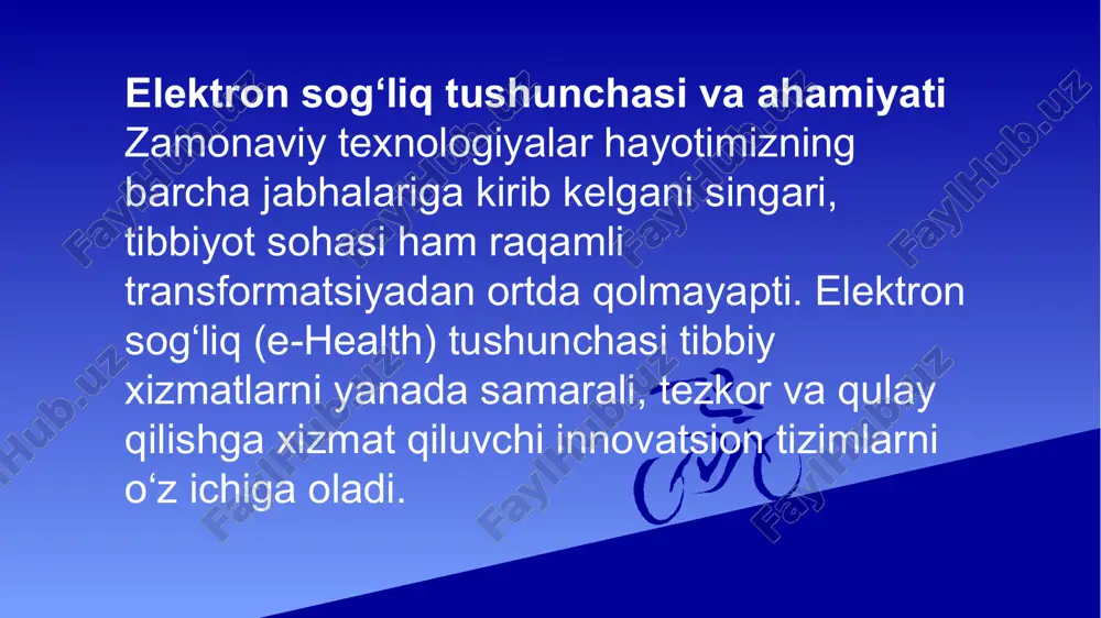 lar o‘z salomatligini nazorat qilishlari mumkin. elektron sog‘liq tizimi zamonaviy tibbiyotning ajralmas qismi bo‘lib, sog‘liqni saqlash sifatini oshirish va inson hayotini yaxshilashga xizmat qiladi. ushbu texnologiyalar kelajakda yanada rivojlanib, sog‘liqni saqlash tizimini mukammallashtirishda muhim rol o‘ynaydi. shu sababli, ushbu yo‘nalishda islohotlar olib borish va texnologiyalarni joriy etish har bir jamiyatning ustuvor vazifalaridan biri bo‘lishi kerak. elektron sog‘liq tizimlari va texnologiyalari zamonaviy tibbiyot raqamli texnologiyalar bilan chambarchas bog‘liq bo‘lib, elektron sog‘liq tizimlari sog‘liqni saqlash sohasida muhim o‘rin tutmoqda. ushbu tizimlar tibbiy xizmatlarning samaradorligini oshirish, bemorlarga qulaylik yaratish va sog‘liqni saqlash muassasalarining ishlashini optimallashtirishga xizmat qiladi elektron sog‘liq tizimlari elektron sog‘liq tizimlari sog‘liqni saqlash jarayonlarini avtomatlashtirish va tibbiyot muassasalarini raqamlashtirish uchun joriy etiladigan turli texnologiyalarni o‘z ichiga oladi. ushbu tizimlarning asosiy turlari quyidagilardan iborat: elektron tibbiy kartalar (etk) – bemorlarga oid ma’lumotlarni raqamli shaklda saqlash va tahlil qilish imkonini beradi. telemeditsina – masofaviy maslahat va diagnostika imkoniyatini yaratadi. tibbiy axborot tizimlari – …