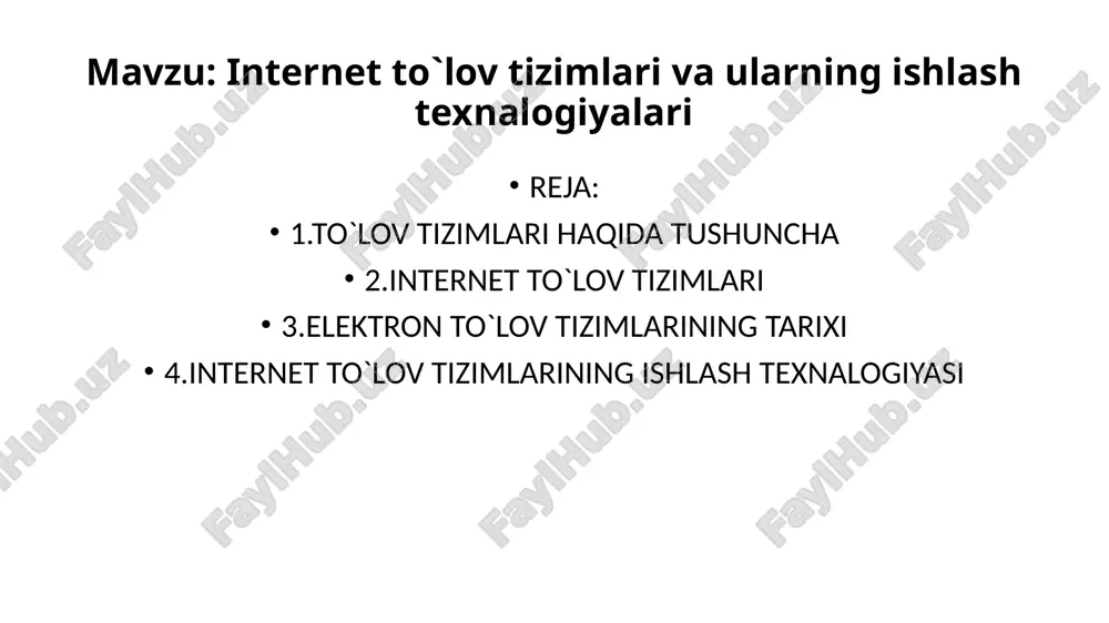 elektron tijoratni anglatadi. internet orqali taklif qilinadigan tovarlar yoki xizmatlarni xarid qilish hamda sotish uchun toʻlov yoxud keng maʼnoda har qanday turdagi elektron pul oʻtkazmalari. zamonaviy toʻlov tizimlari anʼanaviy toʻlov tizimlariga nisbatan naqd pul oʻrnini bosuvchi vositalardan foydalanadi. bunga debit kartalari, kredit kartalari, elektron pul oʻtkazmalari, toʻgʻridan-toʻgʻri kreditlar, toʻgʻridan-toʻgʻri debitlar, internet-banking va elektron tijorat toʻlov tizimlari kiradi. yurtimiz mustaqillikka erishganidan so’ng, mamlakatimiz miqiyosida elektron to’lov tizimlari (ett) birinchi bor bank tizimiga joriy etish ishlab chiqildi va uni joriy etish 1994 yil 18 martdagi vazirlar maxkamasining 146–sonli «bank tizimini takomillashtirish va pul-kredit muomalasini barqarorlashtirish chora- tadbirlari to’grisida»gi nizom asosida amalga oshirila boshlagandi. bank sohasidagi elektron to’lovlar tizimi - bu qog’ozsiz texnologiyaga va markaziy bankning elektron pochtasi vositalari bilan ma'lumotlarni uzatishga va qabul qilishga asoslangan umumdavlat to’lov tizimidir. respublikamiz timizdagi tijorat banklariga bu tizimning joriy etilishi banklararo to’lovlarning o’tishini tezlashtirdi va bank faoliyatini to’liq avtomat- lashtirishga katta imkoniyatlar yaratdi. elektron to'lov tizimlarining …