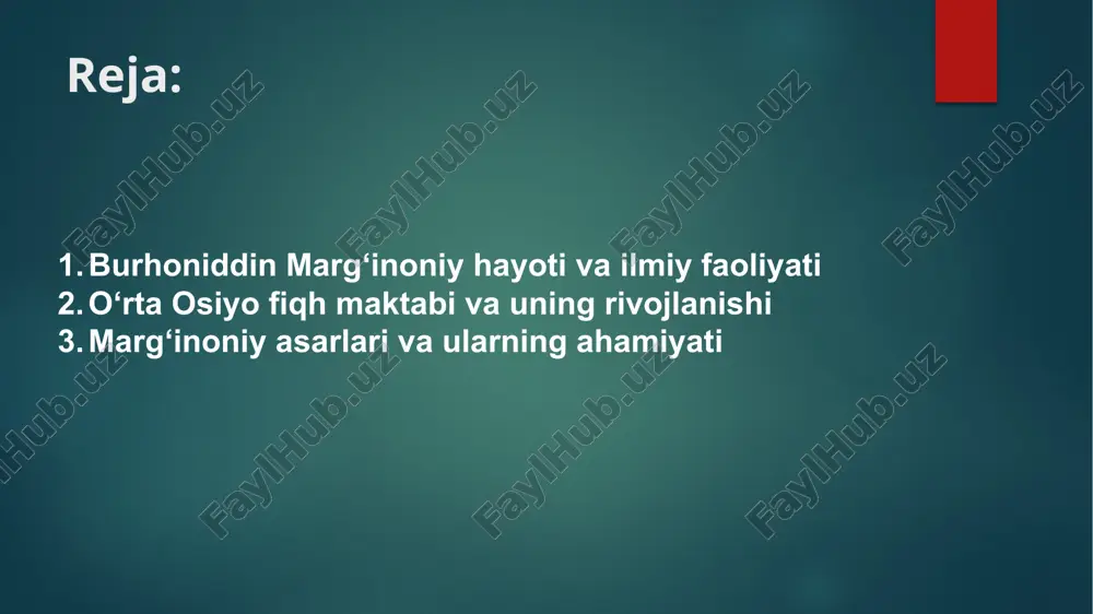 larini o‘rgatadi. marg‘inoniy fikrlari bugungi kunda ham islom huquqi va fiqhiy ta’limda manba sifatida foydalaniladi. marg‘inoniy va shogirdlari marg‘inoniy shogirdlarini ilmiy faoliyatga yo‘naltirgan va ularni mustaqil fikrlashga o‘rgatgan. shogirdlari keyinchalik o‘rta osiyo fiqh maktabini rivojlantirishda davom ettirdi. marg‘inoniy o‘z pedagogik metodikasida amaliyot va nazariyani uyg‘unlashtirib, bilim berishda samarali yondashuvni yaratgan. o‘rta osiyo fiqh maktabining ahamiyati o‘rta osiyo fiqh maktabi mintaqadagi musulmon jamiyatining huquqiy va dini hayotini tartibga solishda katta rol o‘ynadi. marg‘inoniy va uning shogirdlari bu maktabni ilmiy asoslarda rivojlantirdi. ular fiqhiy masalalarni amaliy jihatdan hal qilish, adolat va ijtimoiy barqarorlikni ta’minlashga xizmat qilgan. xulosa xulosa qilib aytganda, burhoniddin marg‘inoniy o‘rta osiyo fiqh maktabining yetakchi olimi bo‘lib, uning ilmiy merosi bugungi kungacha qadrlanadi. marg‘inoniy asarlari orqali fiqhiy bilimlar amaliyotga tatbiq etilgan, shogirdlari esa bu maktabni davom ettirgan. o‘rta osiyo fiqh maktabi uning mehnati bilan yanada boyib, mintaqa musulmon jamiyatining rivojlanishiga hissa qo‘shgan. foydalanilgan adabiyotlar abdukarimov a. o‘rta osiyo fiqh maktablari …