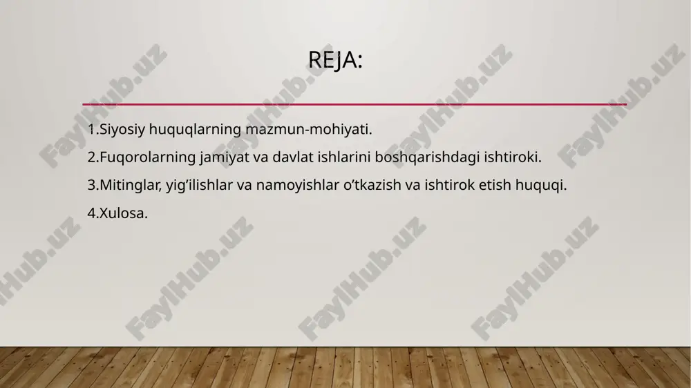 iyat o‘rtasida muloqotni ta'minlaydi. ular fuqarolarning siyosiy jarayonlarda faol ishtirokini kafolatlaydi va davlat hokimiyatining legitimligini ta'minlashda muhim ahamiyatga ega. shu bilan birga, siyosiy huquqlarning amalga oshirilishi uchun qonun ustuvorligi, fuqarolik jamiyati institutlari rivoji va demokratik qadriyatlar muhim shart hisoblanadi. fuqorolarning jamiyat va davlat ishlarini boshqarishdagi ishtiroki fuqarolarning jamiyat va davlat ishlarini boshqarishda ishtiroki demokratik jamiyatning asosiy tamoyillaridan biri bo‘lib, bu davlatning barqarorligi, jamiyatning rivojlanishi va inson huquqlarining kafolatlanishida muhim ahamiyatga ega. quyida ushbu mavzu bo‘yicha asosiy jihatlar keltiriladi: fuqarolarning jamiyat va davlat boshqaruvida ishtirok shakllari 1. bevosita ishtirok: saylovlarda ovoz berish orqali davlat hokimiyati organlarini shakllantirish. referendumlarda qatnashib, muhim masalalar yuzasidan qaror qabul qilish. jamoatchilik eshituvlari va muhokamalarida qatnashish. 2. bilvosita ishtirok: vakillik organlariga, masalan, parlamentga saylangan vakillar orqali o‘z fikr va manfaatlarini ifoda etish. siyosiy partiyalar, jamoat tashkilotlari va kasaba uyushmalari orqali davlat siyosatiga ta'sir ko‘rsatish. fuqarolarning ishtiroki ahamiyati davlat boshqaruvining samaradorligini oshirish: fuqarolar ehtiyojlarini inobatga olgan holda qarorlar …