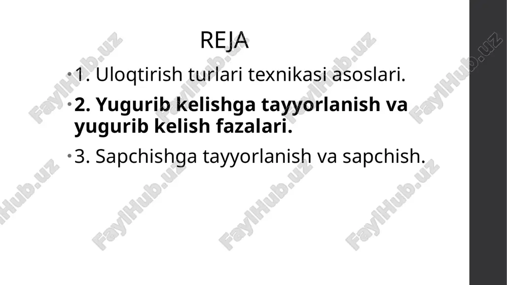 chiqarishgacha bo’lgan oraliq holatlarining umumiy jihatlari ko’p. snaryadni uloqtirishdan oldingi holat. 1-disk uloqtirishda; 2-yadro itqitishda; 3-nayza uloqtirishda; 4-bosqon uloqtirishda uloqtirishga tayyorlanish bilan uloqtirishning o’zi o’zaro bog’liq bo’lib, uni uloqtiruvchining bir holatdan ikkinchi holatga oddiygina o’tishi deb bo’lmaydi. bunda oyoqlar, gavda, uloqtiruvchi va bo’sh qo’l qanday holatda ekanining barcha detallari bir-biriga aloqador bo’lib, buning muhim ahamiyati bor. masalan, har qanday uloqtirish turida ham snaryadni “tortish” jarayonida (98-rasm), uloqtiruvchi bukilgan holatdagidan ko’ra kuchliroq ish bajarishi uchun u gavdasini tezroq tiklashi muhim. uloqtirishlarda oxirgi kuch berish holati. 1-disk uloqtirishda; 2-yadro itqitishda; 3-nayza uloqtirishda; 4-bosqon uloqtirishda. sapchishga tayyorlanish va sapchish. uloqtiruvchi sapchish oldidan doiraning itqitish yo’nalishiga nisbatan orqa qismida turadi. sapchish itqitish tomoniga nisbatan orqa bilan turib bajariladi (102-rasm). uloqtiruvchining sapchisholdidan bunday dastlabki holati oxirgi kuchlanishdan oldin bo’ladigan keyingi holatga o’xshash, shuning uchun ham, u sapchish vaqtidayoq o’sha holatga yaxshi tayyorlanib olishni ta’minlaydi. shu bilan birga, orqa o’girib turgan holatda, sapchishni gavdani ancha chuqurroq …