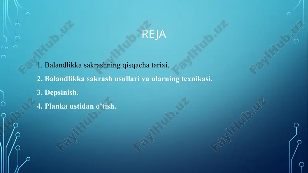 ullarining hammasida bor. yugurib kelish tezligi depsinishga yaqinlashgan sari orta boradi. yuqori malakali sakrovchilarning depsinish paytidagi tezliklari 6,5-7 m/sek.ga etadi. yuqori malakali sakrovchining sakrash paytida yugurib kelish tezligini ko’rsatuvchi egri chiziq va qadamlar uzunligi. yugurib kelishning oxiridagi 2-4 qadamda sportchi depsinishga tayyorlanadi. u oxirgi yugurish qadamlarini tez bajaradi, lekin oxirgidan bitta oldingi qadamdan boshlab tayanch fazasida oyog’ini ko’proq buka boshlaydi, shu sababli tayanch fazalari uchish fazasidan ko’proq bo’ladi. sakrovchi gavdasining u.o.m. ohista pasaya boradi. bunga oxirgi qadamlarni uzaytirish va ularni oyoq tagini to’la yerga qo’yib bajarish hamda gavdani oldinga engashtirish yordam beradi. balandlikka “perekidnoy” usulida sakrash. depsinish. barcha depsinish harakatlari yugurib kelishdagi oxirgi qadamga, silkinch oyoqda olg’a siljish qanday bo’lishiga bog’liq. silkinch oyoqda olg’a siljish tezligi kamroq pasayishi uchun sakrovchi uni yerga qo’yayotganida yumshoqqina bukadi, tizzani esa oldinga chiqaradi. keyin tovonni tez yerdan uzib, oyoq uchida olg’a siljishni davom ettiradi. bunday holatda sakrovchining gavdasi vertikal tekislikda oyoq tagi tayanch nuqtasi …