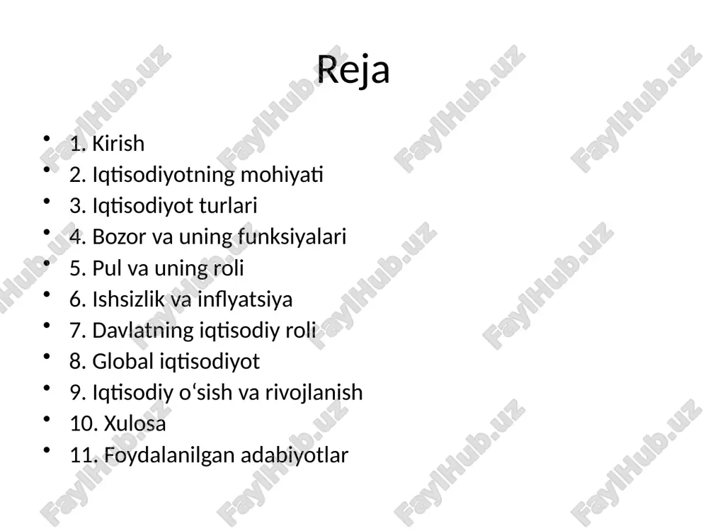 o’chirish imkoniyati mavjud. belgilar varaq belgilari rejimi ma’ruza uchun kerak bo’lgan belgilarni tayyorlashda va ko’rib chiqishda qo’llanadi. taqdimot yaratayotganda xar bir slaydni alohida varaqlarga chop etish va har bir varaqni boshqariluvchi matnlar bilan to’ldirish mumkin. namoyish namoyish etish rejimi ko’rgazmaning oxirgi ko’rinishini qurish uchun mo’ljallangan. bu rejimda slaydlar ekranga ketma-ket chiqariladi. namoyish etish tartibi ko’zlanayotgan maqsadga qarab o’rnatiladi. yuqorida qayd etilganlarning barchasi namoyishdan avval tayyorlab qo’yiladi. diagrammalarni quyish diagrammani qo’yish uchun zarur bo’lgan slaydlar umumiy ko’rinishidagi diagrammalar bilan ishlash slaydlari tanlanadi. tugmachani bosing va kerakli ko’rinishdagi diagrammani tanlang. parametrlarni urnating xamda qiymatlarni keraklicha o’zgartiring. diagramma kattaligini o’zgartiring va kerakli joyga urnating. taqdimotlar yaratish «prezentatsii» (taqdimotlar) — bunda turli sohalarda ish olib borishga mo’ljallangan tayyor taqdimotlar ko’rinishlari keltirilgan web-stranitsi» (web-sahifalar) ko’rinishidagi taqdimotlar 1. saqlash uchun fayl nomi va papkasi ko’rsatiladi. 2. «soxranit» (saqlash) tugmasi bosiladi. iqtisodiyot turlari - bozor iqtisodiyoti - rejalashtirilgan iqtisodiyot - aralash iqtisodiyot bozor va uning funksiyalari bozor …
