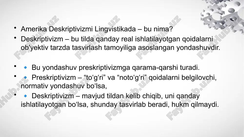 mkin. 🔹 strukturalizm bilan bog‘liqligi amerika deskriptivizmi — bu struktural tilshunoslik (structural linguistics) asosida shakllangan. leonard bloomfield bu yondashuvda behavorizm (behaviorism) falsafasidan ilhom olgan: "til faqat kuzatiladigan faktlarga asoslanishi kerak." ya’ni, tilni tushunish, his qilish, mazmun bilan bog‘lash emas, balki kuzatish, qayd etish va strukturaviy ajratish kerak. 💬 deskriptiv tahlil bosqichlari: fonetik analiz – tovushlar qanday chiqariladi. fonemik analiz – ma’no farqlovchi tovush birliklari aniqlanadi. morfologik tahlil – so‘zlarning tuzilmasi, affikslanishi o‘rganiladi. sintaktik tahlil – so‘zlar qanday tartibda bog‘lanadi. distributsion tahlil – birliklar matnda qanday holatlarda uchraydi. amerika deskriptivizmi keyinchalik quyidagi sohalarga asos bo‘lgan: noam chomsky – generativ grammatikani ishlab chiqdi (deskriptivizmga tanqid bilan yondashgan, ammo shu oqimdan chiqib ketgan). korpus lingvistikasi – real matnlar asosida tahlil qilish (deskriptiv yondashuvga tayanadi). sotsiolingvistika – tilni ijtimoiy guruhlarda qanday ishlatilishini o‘rganadi (masalan, william labov ishlari). amerika deskriptivizmiga nisbatan tanqidlar ham mavjud mazmunga e’tibor yetishmaydi faqat shaklga (forma) e’tibor beriladi, lekin semantika (ma’no) …