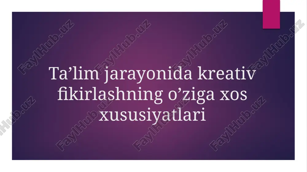 han ifodalashga qaratilgan g‘oyalarni ishlab chiqish, baholash va takomillashtirish jarayonida samarali ishtirok etish qobiliyatidir. kreativ fikrlash bizga muammolarni hal qilishda noodatiy yechim topishga yordam beradi. biroq biz uni tanqidiy fikrlash bilan adashtirib yubormasligimiz, aksincha bizga imkonsiz muammolarni hal qilishda bir-birini to‘ldirib turuvchi yechimlarni topishda yordam beradigan “aka-ukalar”dek qarashimiz kerak. pisa tadqiqotlarida o‘quvchidan kreativ fikrlashni baholash modeliga ko‘ra ilmiy muammolarni yoki ijtimoiy muammolarni hal qilish, o‘z g‘oyalarini yozma yoki vizual ifodalash talab etiladi. maktablarda ham o‘quvchilarni kreativ fikrlashga bo‘lgan ehtiyoji maktab bozori talabidan kelib chiqqan holda ortmoqda.maktablarning jamiyat hayotidagi ahamiyati shundan iboratki:o‘quvchilarni jamiyatning bir qismi ekanligini his qilgan holda,jamiyat ravnaqi uchun o‘z hissalarini qo‘shish va uning oldidagiburchlarini bajarish kabi tuyg‘ularni ularda oshirishdir.xalqaro tadqiqotlar esa o‘quvchilarda kreativ fikrlashini oshirish orqali ularning, tajribalar, hodisalar va shu qatorda vaziyatlarni yangicha uslubda yondashishini ta’minlaydi, bilim olishiga yordam beradi.o‘quvchining fikrlashi, qiziquvchanligini tezlashtirish va rag‘batni oshirish uchun uning ijodkorlik imkoniyatlari shuningdek yangicha qirralarini ochib beradigan yangi uslubdagi …