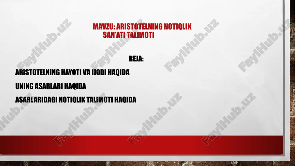 l ortig'i bizning davrimizgacha yetib kelgan. biografiya -birinchi yillar aristotel miloddan avvalgi 384 yilda tug'ilgan. makedoniyaning shimoli-sharqida joylashgan estagira shahrida joylashgan c., o'sha paytda kalsidiya yarim oroli tegishli bo'lgan qirollik. g'arb madaniyatida diqqatga sazovor joyga aylangan odamning nomi aristotel qadimgi yunoncha "eng yaxshi maqsad" yoki "oxir" degan ma'noni anglatadi. u festisning o'g'illaridan biri bo'lgan nicomachus, makedoniyalik amintas iii xizmat qilgan tabib, buyuk iskandarning bobosi. aristotelning ikkala ota-onasi ham "asclepiadae" unvoniga ega edilar, bu "asclepiusning o'g'li" degan ma'noni anglatadi, yunon an'analarida tibbiyot bilan bog'liq afsonaviy shaxs. gretsiyadagi ko'plab shifokorlar "asclepiadae" ni o'zlarining nomlariga qabul qilishdi, shuning uchun bu oila yoki professional guruh bo'lganligi aniq emas. aristotelning ikkita ukasi bor edi, biri arimnesta, ikkinchisi arimnesto. ma'lum bo'lishicha, u bir muncha vaqt makedoniya poytaxti pella shahrida otasi bilan yashagan va shu vaqtdan beri uning qirollik saroyi bilan aloqalari paydo bo'lgan. aristotelning ta'kidlashicha, dunyodagi ba'zi o'zgarishlarni, masalan, orollarning tug'ilishi, ko'llar kabi suv havzalarining yo'q …