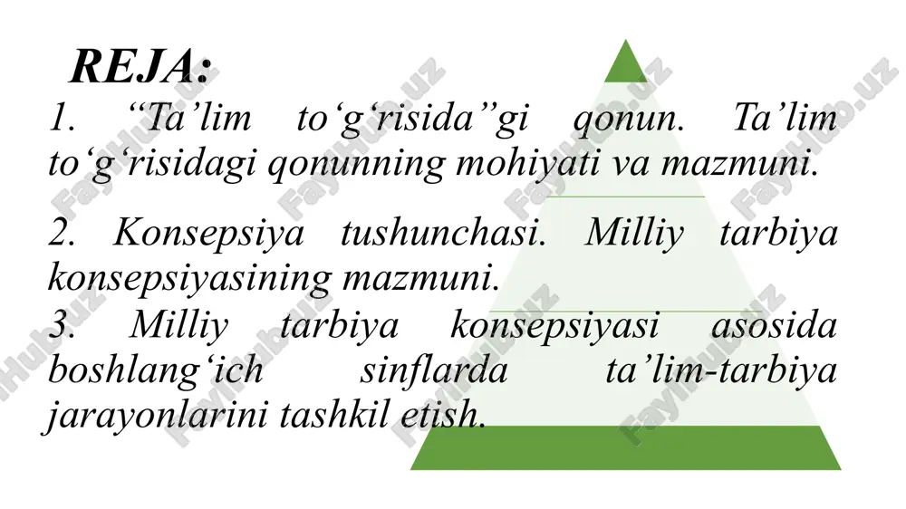 hujjatni tan olish, ta’lim sohasidagi hujjatlarga apostil qoʻyish (57-61 modda) 7-bob. ta’lim-tarbiya jarayoni ishtirokchilarini ijtimoiy himoya qilish(52-56 modda) 11-bob. yakunlovchi qoidalar (70-75 modda) 1-modda. ushbu qonunning maqsadi ushbu qonunning maqsadi ta’lim sohasidagi munosabatlarni tartibga solishdan iborat. 2-modda. ta’lim toʻgʻrisidagi qonunchilik ta’lim toʻgʻrisidagi qonunchilik ushbu qonun va boshqa qonunchilik hujjatlaridan iboratdir. agar oʻzbekiston respublikasining xalqaro shartnomasida oʻzbekiston respublikasining ta’lim toʻgʻrisidagi qonunchiligida nazarda tutilganidan boshqacha qoidalar belgilangan boʻlsa, xalqaro shartnoma qoidalari qoʻllaniladi. 3-modda. asosiy tushunchalar ushbu qonunda quyidagi asosiy tushunchalar qoʻllaniladi:. davlat ta’lim muassasasi - davlat hokimiyati va boshqaruvi organlari tomonidan davlat mulki boʻlgan mol-mulk negizida tashkil etilgan, davlat ta’lim standartlariga va davlat ta’lim talablariga muvofiq ta’lim beradigan muassasa; davlat akkreditatsiyasi - davlat ta’lim muassasalari va tashkilotlari, shuningdek nodavlat ta’lim tashkilotlari (bundan buyon matnda ta’lim tashkilotlari deb yuritiladi) faoliyatining davlat ta’lim standartlari va davlat ta’lim talablariga hamda oʻquv dasturlariga muvofiqligining davlat tomonidan e’tirof etilishi hamda ularning bitiruvchilariga ma’lumot toʻgʻrisidagi hujjatlarni topshirish huquqining …