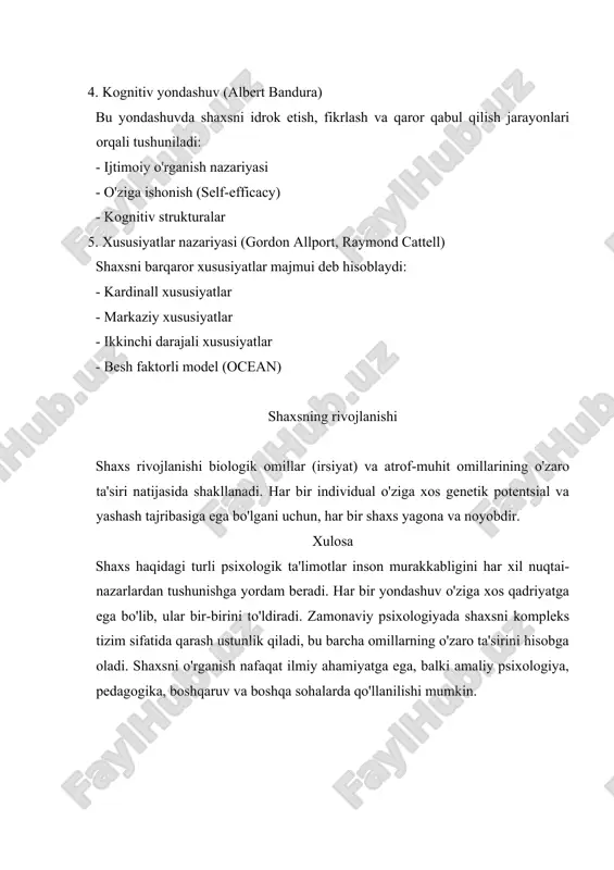 va atrof-muhit omillarining o'zaro ta'siri natijasida shakllanadi. har bir individual o'ziga xos genetik potentsial va yashash tajribasiga ega bo'lgani uchun, har bir shaxs yagona va noyobdir. xulosa shaxs haqidagi turli psixologik ta'limotlar inson murakkabligini har xil nuqtai-nazarlardan tushunishga yordam beradi. har bir yondashuv o'ziga xos qadriyatga ega bo'lib, ular bir-birini to'ldiradi. zamonaviy psixologiyada shaxsni kompleks tizim sifatida qarash ustunlik qiladi, bu barcha omillarning o'zaro ta'sirini hisobga oladi. shaxsni o'rganish nafaqat ilmiy ahamiyatga ega, balki amaliy psixologiya, pedagogika, boshqaruv va boshqa sohalarda qo'llanilishi mumkin.