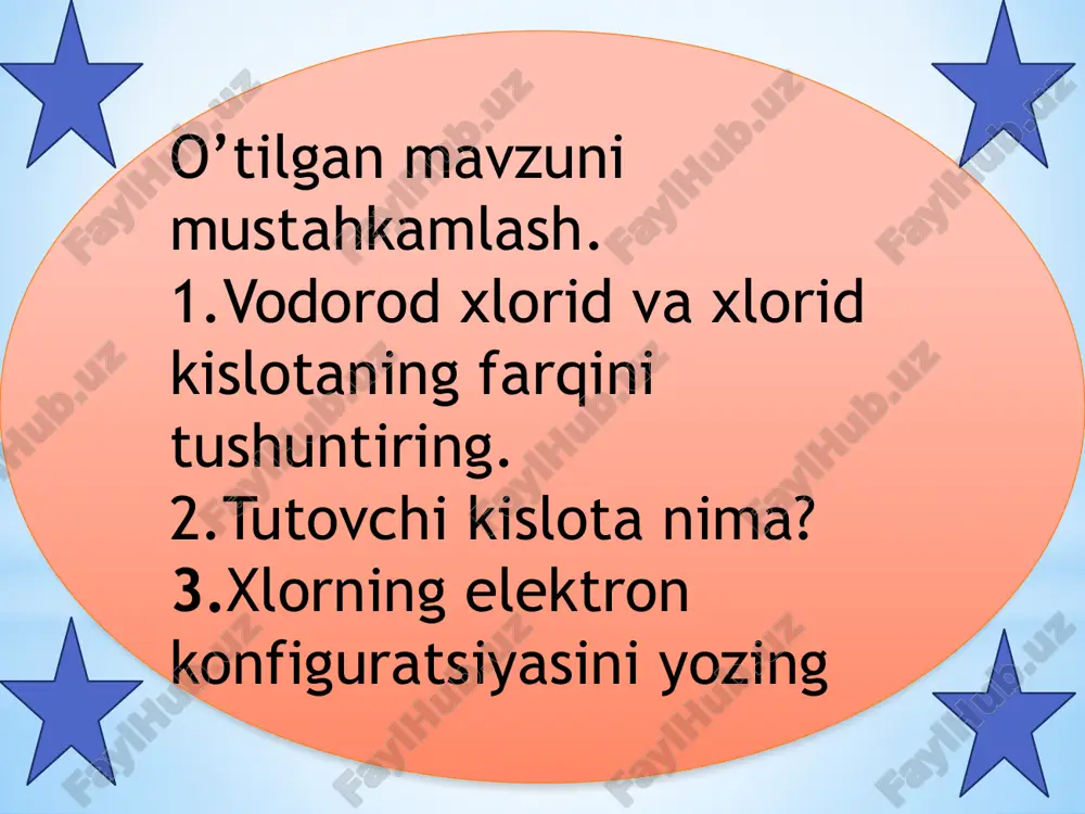 ni uning zichgi (normal sharoitda 1 m3 gazning kg lardagi massasi) — ρ ga bo‘linadi: gaz formulasi molyar massasi, kg/mol zichligi, kg/m3 molyar hajmi, m3 vodorod h2 0,002 0,09 0,0224 kislorod o2 0,032 1,43 0,0224 uglerod (ii)-oksid co 0,028 1,25 0,0224 ba’zi gazlarning molyar massasi va zichligi, molyar hajmi.hajm uchun: 1m3 = 1000 l = 1000 dm3 = 1∙106sm3 1l = 1 dm3 = 1000ml = 1000sm3 har qanday gazning 6,02∙1023 ta zarrasi (1 moli) normal sharoitda 22,4 litr hajmni egallaydi. modda hajmining v ga uning miqdoriga nisbati shu moddaning molyar hajmi vm deb ataladi: gazning molyar hajmi m3/mol yoki l/mol da ifodalanadi. normal sharoitda suyuq va qattiq moddalarning 6,02∙1023 ta molekulalari turli hajmni egallaydi. masalan, suv 0,018l hajmni egallaydi yangi mavzuni mustahkamlash.formulani izoxlang v------- ; m------; p---------. vm---------; v ----------; v----- uyga vazifa.masala yechish. 1. 11 g uglerod (iv)-oksidining n.sh. dagi hajmini hisoblang? 2. 3,01∙1023 ta vodorod molekulasi n.sh. …