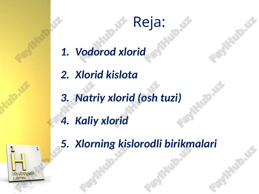 ‘jaikon konlaridan qazib olinadi. kaliy xlorid o‘yuvchi kaliy, xlor va xlorning birikmalari ham kaliy xloriddan olinadi. kaliy xlorid qishloq xo‘jalik ekinlari uchun kaliyli o‘g‘it sifatida muhim ahamiyatga ega. gipoxlorit kislota — hc lo beqaror modda bo‘lib, u suyultirilgan eritmalardagina mavjud bo‘ladi. hclo kuchli oksidlovchidir. u asta-sekinlik bilan parchalanib, atom holdagi kislorodni ajratib chiqaradi: hclo = hcl + o hc lo2 — xlorit kislota nihoyatda beqaror, faqat suyultirilgan eritmalardagina mavjud. kuchli oksidlovchidir. tuzlari beqaror, zarb ta’sirida portlaydi. hc lo3 — xlorat kislota beqaror modda bo‘lib, eritmadagina mavjud. eritmadagi kislota konsentratsiyasi 40% dan ortib ketsa portlab, parchalanadi. xlorat kislota va uning tuzlari — xloratlar ham oksidlovchilardir. image2.jpeg image3.jpeg image4.jpeg image5.jpeg image6.emf image7.jpeg image8.png image9.png image10.jpeg image11.emf image12.jpeg image13.jpeg image14.jpeg image15.jpeg image16.png image17.jpeg image18.jpeg image19.jpeg image20.jpeg image21.jpeg image22.jpeg image23.png image24.jpeg image25.jpeg image26.jpeg image27.png image28.jpeg image1.jpeg /docprops/thumbnail.jpeg