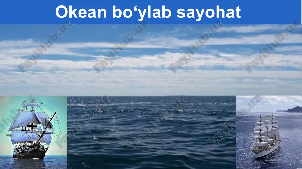 rlarda finikiyaliklar, arablar, rimliklar okean suvlarida suzishgan. atlantika okeanini o‘rganish buyuk geografik kashfiyotlar davrida b. diash, x. kolumb, j.kabot, vasko da gama, f. magellan, j. kuk sayohatlari atlantika okeani haqida ko‘plab ma’lumotlar berdi. b. diash vasko da gama f. magellan j. kuk atlantika okeani tabiatini kompleks o‘rganish xix asrning oxiridan boshlandi “chellenjer” kemasidagi ingliz ekspeditsiyasi, xalqaro geofizika yilidagi (1957 - 1958) tadqiqotlar, jak iv kusto ekspeditsiyasi davrida okean hayotiga va tabiat komponentlariga taalluqli juda ko‘p ma’lumot to‘plandi. jak iv kusto ekspeditsiyasi hind okeanini o‘rganish dastlab arablar, shumerliklar fors ko‘rfazi, qizil dengiz va hind okeanida suzishgan (er. av. iv — v asrlarda) bo‘lsalar, finikiyaliklar (er. av. vi asrda) hind okeani orqali afrikani janubdan aylanib o‘tib, g‘arbdan qaytib kelganlar. eramizning boshlaridan arablar (ayniqsa, vii — xii asrlarda) hind okeanini o‘zlashtirdilar. ular okean qirg‘oqlarini, orollar, oqimlarni, shamollarni atroflicha o‘rgandilar. hind okeanini o‘rganish vasko da gama hindistonga dengiz yo‘lini ochdi (1498). hind okeanini birinchi …