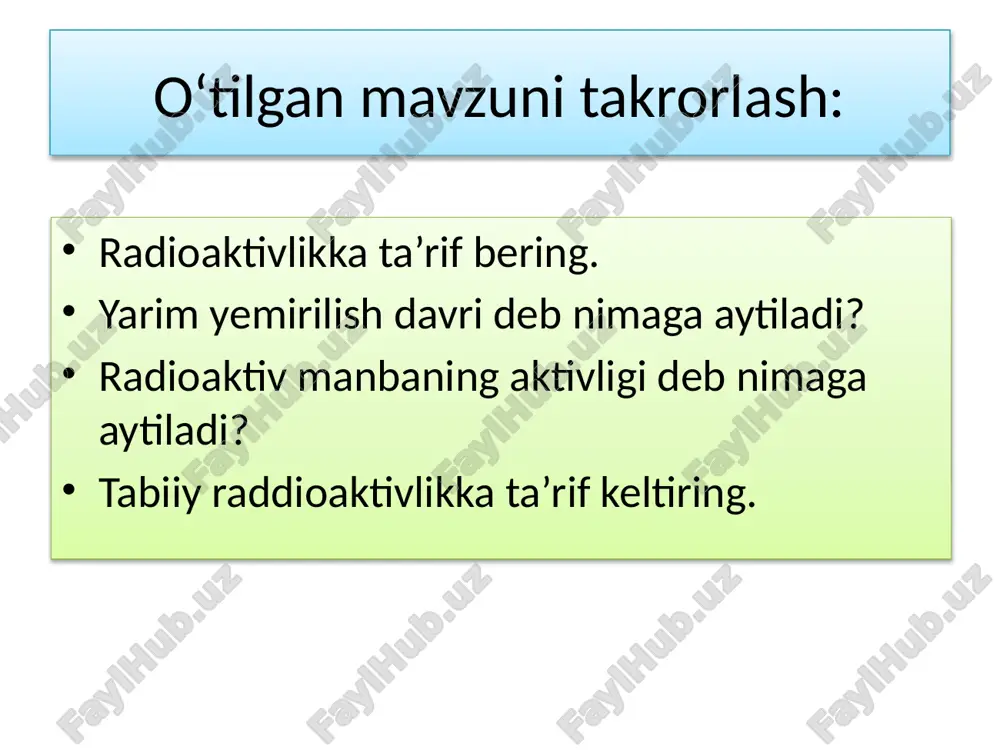 rilish so‘zi esa ishlatilmaydi, chunki va yemirilishning o‘zida nurlanish ham bo‘ladi. yemirilish: zarralar taxminan 20000 km/s tezlik bilan harakatlanuvchi geliy yadrolari hisoblanadi. yadrodan juda katta energiya bilan chiqqan bu geliy atomi yadrolari yo’lda uchragan moddani ionlashtirib tashlaydi. normal sharoitda havoda 1 cm yo‘lda o’rtacha 50000 juft ion hosil qiladi. zarraning havoda erkin yugurish yo‘li cm oralig‘ida bo’lsa, qattiq jismlarda esa bir necha mikrometrga yetadi. o‘zidan zarra chiqargan spontan yemirilib yadroga aylanadi. natijada, yadroning davriy sistema bo‘yicha siljishi sodir bo‘ladi. yeemirilishda silish qoidasi quyidagicha bo‘ladi: yuqoridagi siljish formulasidan shunday xulosa qilish mumkin ekan: yemirilishda yadro ga teng musbat zaryadni yo‘qotadi va protonlar soni ikkitaga kamayadi, yadro massasi 4 atom massa birligiga kamayadi. element davrsiy sistemaning boshiga qarab 2 ta kattakka siljiydi. masalan: poloniy yadrosi spontan yemirilish natijasida o‘zidan zarra chiqarib qo‘rg‘oshin yadrosiga aylanar ekan (1-rasm). 1-rasm: yemirilish: nurlar yorug‘lik tezligiga yaqin tezlikda harakatlanuvchi elektronlar oqimidir. ularning energiyasi ancha katta bo‘lib gacha …