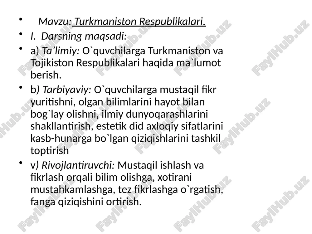 bayonining qisqacha mazmuni: o'rta osiyo turkmamstonnuig janubida joylashgan davlat. shimol g’arbdan qozog'isioti. shimol va shmou-sharqdan o'zbekiston, janubdan afgomston va eron bilan chegaradosh g'arbiy qismi kaspiy dengizi bilan o‘ralgan. ma’muriy jinatdan 5 viloyatga ajraladi 1991-yil, 27-oktf brda mustaqillikka enshgan igo‘ 1996-yili eron orqali fors qo ltig‘i va kavkaz orqali qora dengiz bo ylariga yo'liar ochilishi bilan ancha qulaylashdi. tabiiy sharoiti: asosan relyefi tekis, lqnmi kontinental va quig oqchil hamda suv manbalan kamligi tufayli qaaimdan quduqlardan keng foydalanib kelinadi. quduqlar ko pligi sababli ba zan tiirkmamstonni quduqlar mamlakati ham deyishaa' tabiiy resurslardan neft va taouy gazga, oltingugurt hamda turli tuzlaiga ancha boy.aholisi, asosan, tabiiy o'sish hisobiga tez ko`paymoqja. uning soni so'nggi o'nyiida 3,7 mb' dan 5,1 mln, gacha ko‘paydi. o‘rtacha zichligi 1 km? maydonga11 kishi to g ‘n kelaai. aholining 50 foizi shaharlarda yashaydi.o'rta osiyoda joylashgan davlat. sharqda-xitoy, shimolda- qirg‘iziston, g‘arbda - o'zbekiston, janubda - afg'oniston bilan chegaradosh, dengizga chiqish imkoniyati yo'q. …